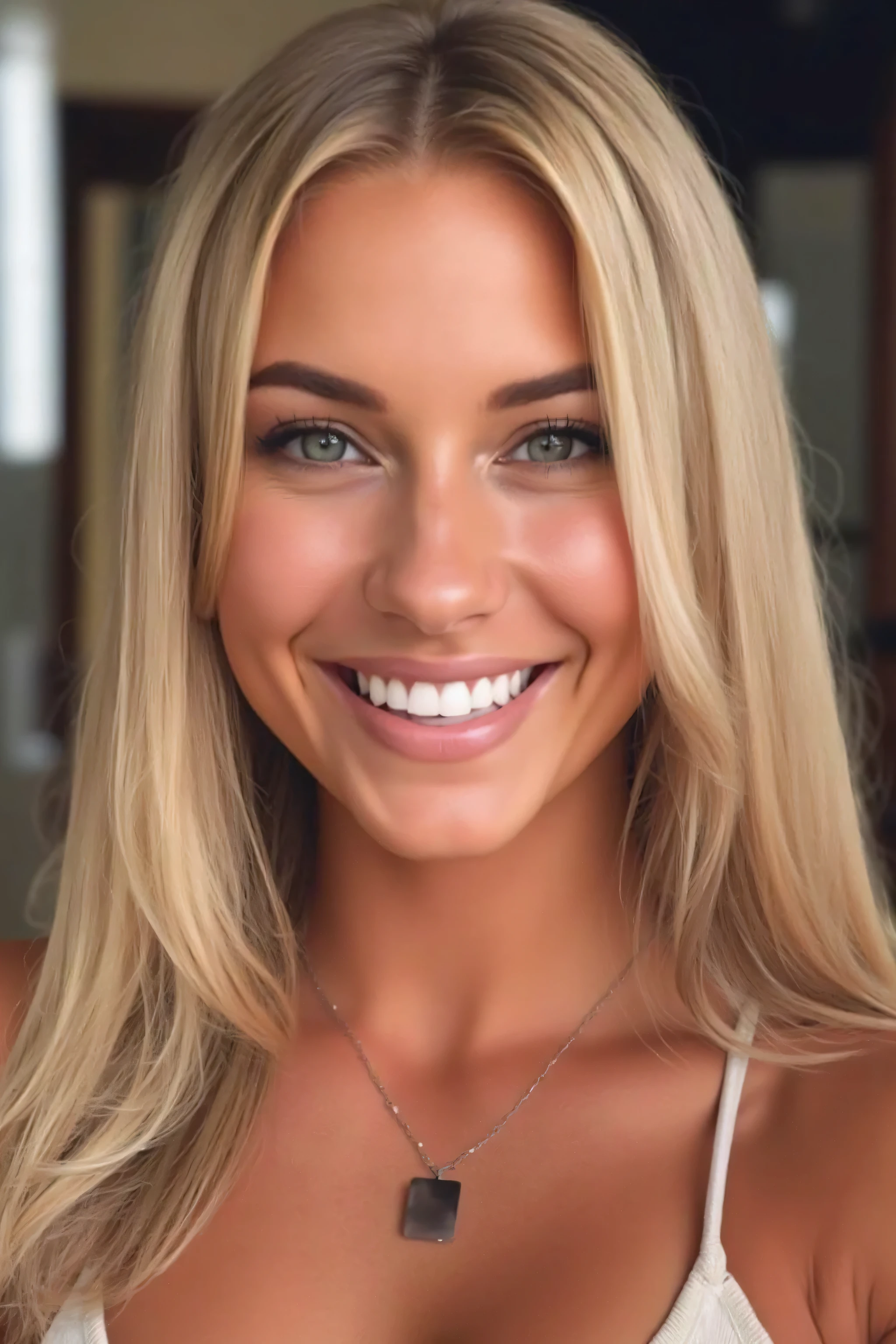(ultra-realistic 4k photo) (skin texture) blonde woman from São Paulo, 20 years old, beautiful model and fitness influencer, extremely muscular body, long straight blonde hair, green eyes, delicate face, with a gym-toned body, frontal photo smiling, Fleet photo, close to the face
