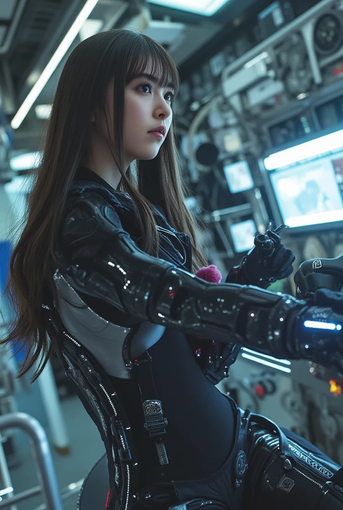 (best quality:1.2), 8k, highres, octan render, (masterpiece), extremely ultra detail, cyborgized Japanese woman, extremely ultra cute face, , skinny body, flat chest,  (blue metallic mechanical frame:1.5), (Power cables connected throughout the body), detaile up, Instead of hair, there are cables growing out of it, mechanical fusion, mechanical skeleton, bio mechanics, mechanical life-form, highly intricate detail, extremely ultra real texture, human-like skin, realistic hair, ultra realistic details, professional lighting, (realistic:1.4), (RAW photo:1.2), (photorealistic:1.37)