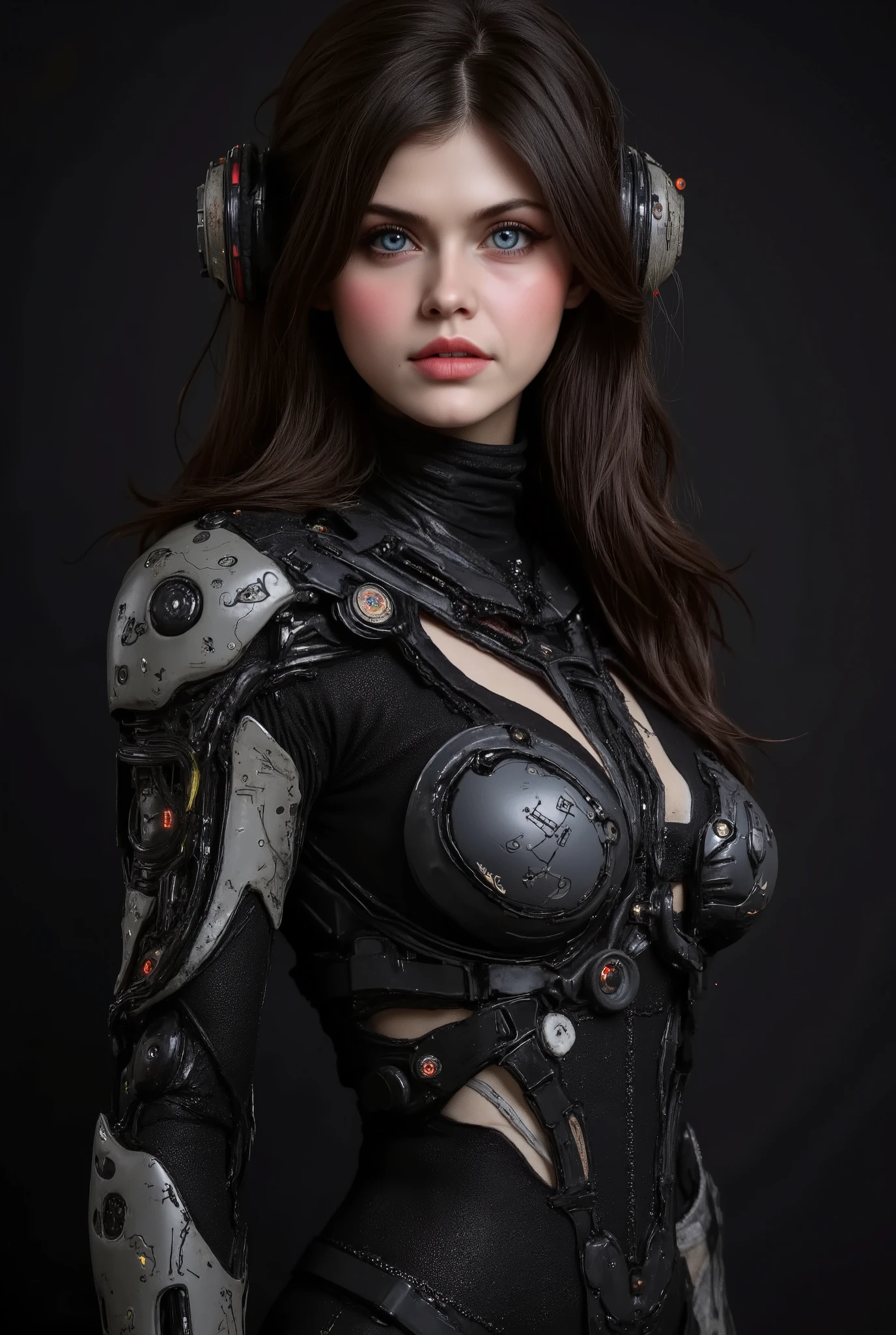 Alexandra Dadario, ultra-realistic, photorealistic, dramatic scene, shadow, global-illumination, solo, perfect anatomy, perfect fingers, (age cyborg), very beautiful with very cute face, detailed face skin texture, wide smile, (modern maid but futuristic cyborg), intricated complex cyber punk mechanical cyber cyborg body, (her cyborg body is fully covered with extremely detailed futuristic mechanical armored suits), absolutely complex futuristic cyborg body, markers are integrated in her body, head helmet (very large breasts), slim waist, She is flying in the space), black with blue and white colors, dynamic angle, black background, dark hair