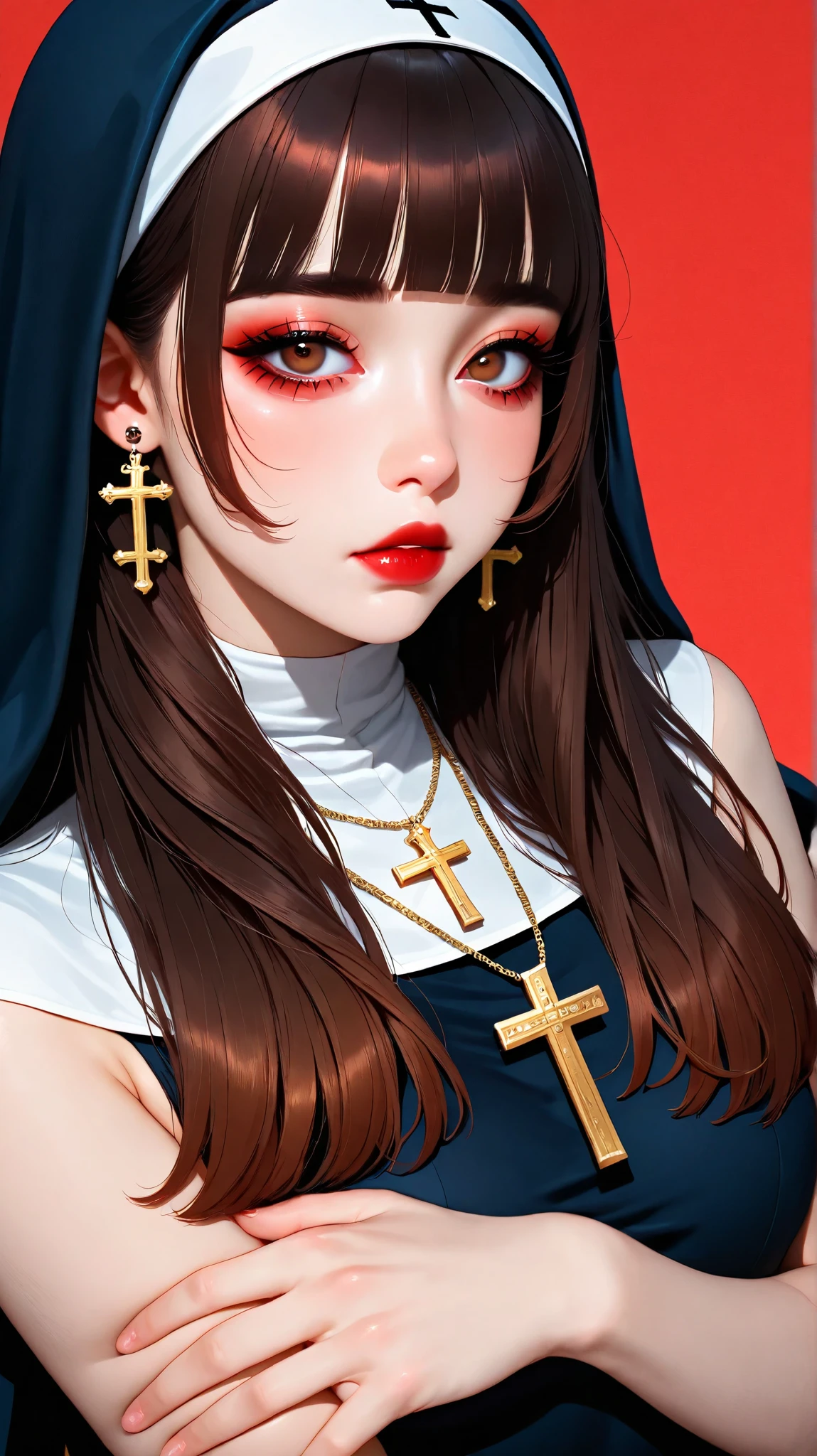 Artist _Moriimee, So Fun, masterpiece,TOP QUALITY, Year 2024 , latest,high resolution, is ridiculous,1 girl, jewelry, cross, red background , Alone, earrings, necklace, long hair, brown hair on both arms, simple background on infecti, chapped lips, bangs, nun, lips, cross necklace, cross earrings, upper body, viewers, red lips, thick eyebrows, brown eyes, makeup on streaks, blunt bangs, eyelashes, latin cross,