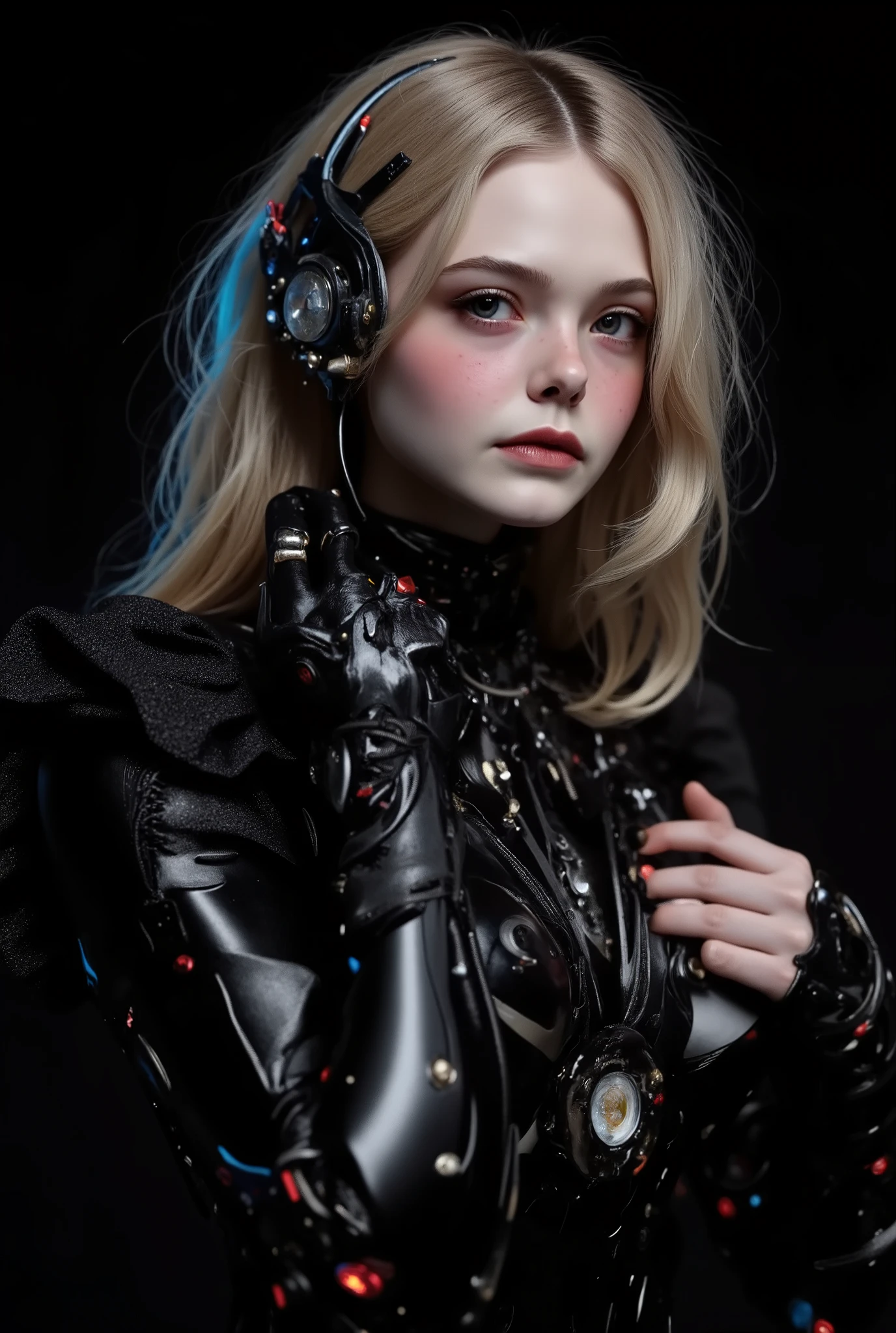 Elle Fanning, ultra-realistic, photorealistic, dramatic scene, shadow, global-illumination, solo, perfect anatomy, perfect fingers, (age cyborg), very beautiful with very cute face, detailed face skin texture, (modern maid but futuristic cyborg), intricated complex cyber punk mechanical cyber cyborg body, (her cyborg body is fully covered with extremely detailed futuristic mechanical armored suits), absolutely complex futuristic cyborg body, markers are integrated in her body, head helmet (very large breasts), slim waist, She is flying in the space), black with blue and white colors, dynamic angle, black background