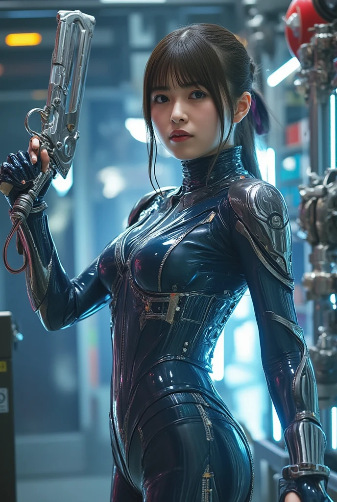 a korean girl,pretty face,Cold eyes,Upper body,Front view,looking at the audience,tarot cards,Futuristic sci-fi style,from behind,Blue mech