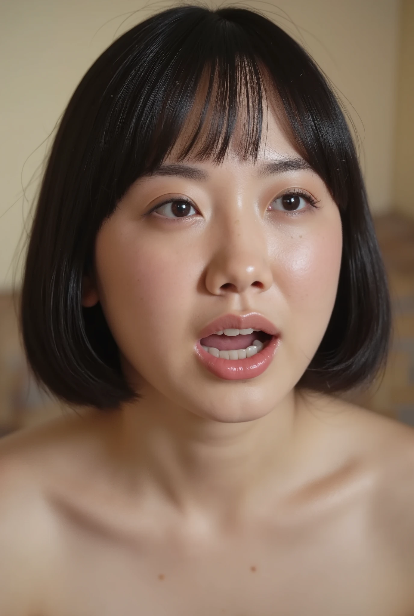 high definition, Alone, ( open your mouth, After the blowjob、 in the mouth), indoors 、A Japanese woman in her 30s puts white sauce around her mouth、 has the tip of a big thick eggplant in her mouth、A woman sticking the tip of a thick long eggplant in her mouth 、The back of her cheek swells