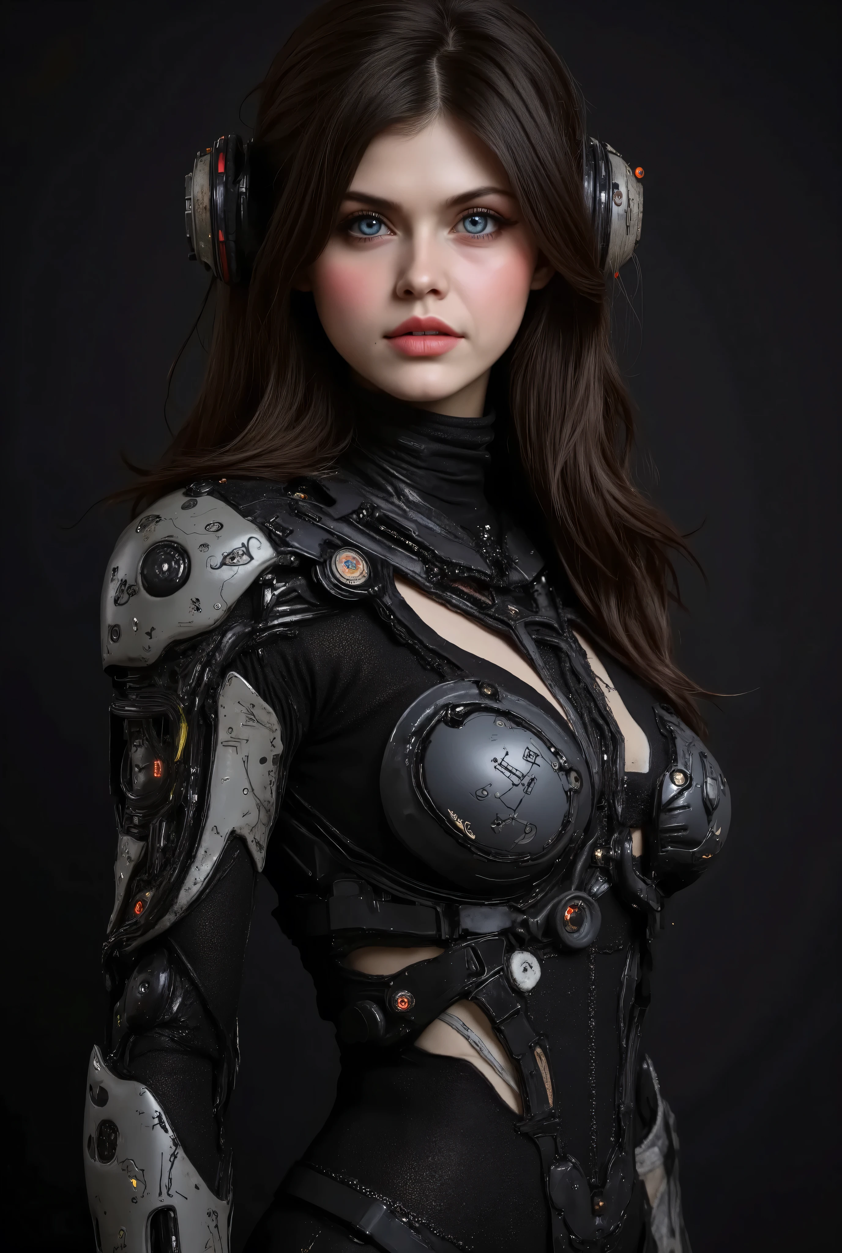 Alexandra Dadario, ultra-realistic, photorealistic, dramatic scene, shadow, global-illumination, solo, perfect anatomy, perfect fingers, (age cyborg), very beautiful with very cute face, detailed face skin texture, wide smile, (modern maid but futuristic cyborg), intricated complex cyber punk mechanical cyber cyborg body, (her cyborg body is fully covered with extremely detailed futuristic mechanical armored suits), absolutely complex futuristic cyborg body, markers are integrated in her body, head helmet (very large breasts), slim waist, She is flying in the space), black with blue and white colors, dynamic angle, black background, dark hair