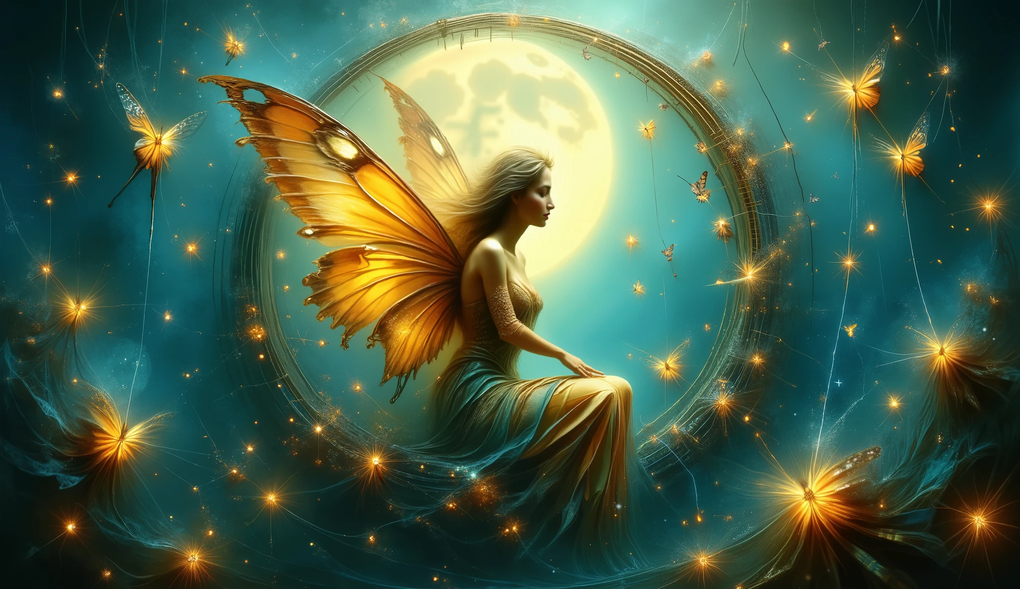 An enchanting fairy with iridescent butterfly wings rests elegantly inside an elaborate circular frame, appearing as though seated within a portal to another world. The background is bathed in a soft, dreamy teal, with a grand luminous moon radiating celestial energy. Twinkling fairy lights hang like delicate threads of stardust, swaying gently. Ethereal butterflies, their wings glistening with a subtle glow, drift around the frame. A faint mist lingers in the air, adding to the scene’s magical, otherworldly charm.