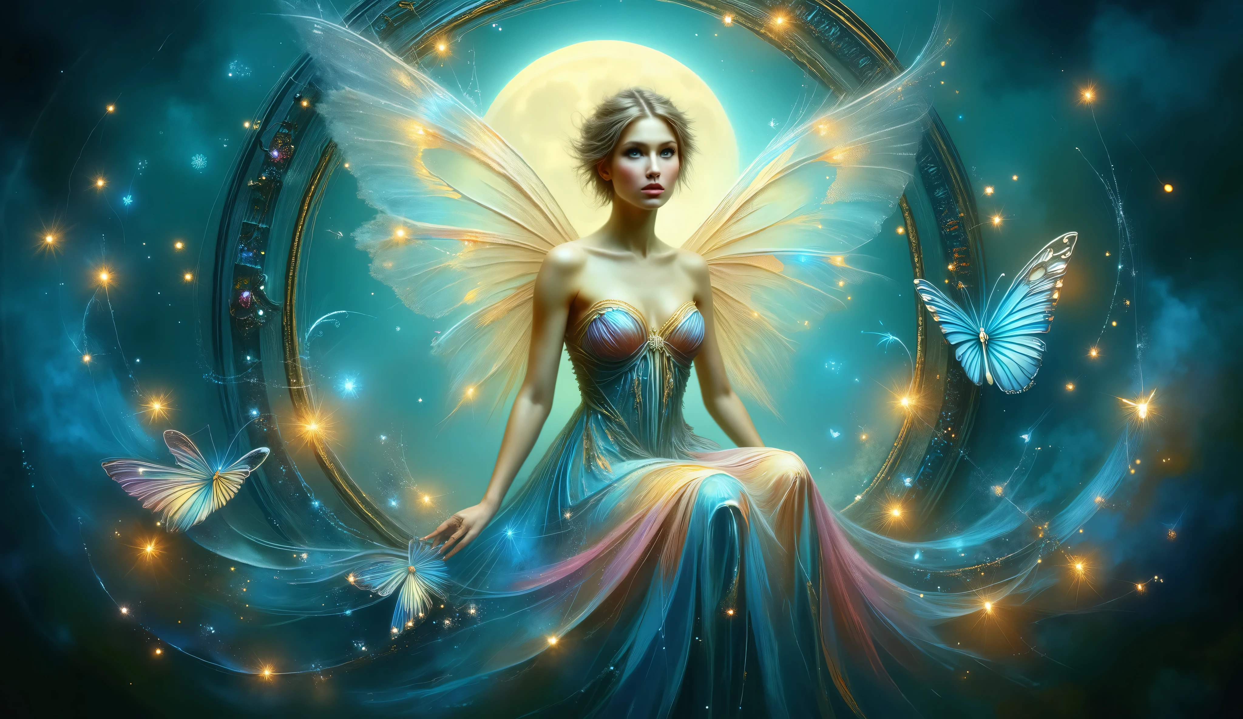 A delicate fairy with iridescent butterfly wings sits gracefully within an ornate circular frame, her ethereal gown shimmering in soft pastels. The background glows with a dreamy teal hue, dominated by a luminous full moon casting a gentle glow. Tiny, enchanted lights dangle from the frame, illuminating the fairy’s serene expression. Butterflies in shades of silver and blue flutter around, their wings catching the light. Wisps of magical mist swirl at the edges, blending seamlessly with the celestial ambiance, creating a mesmerizing fantasy scene.  
