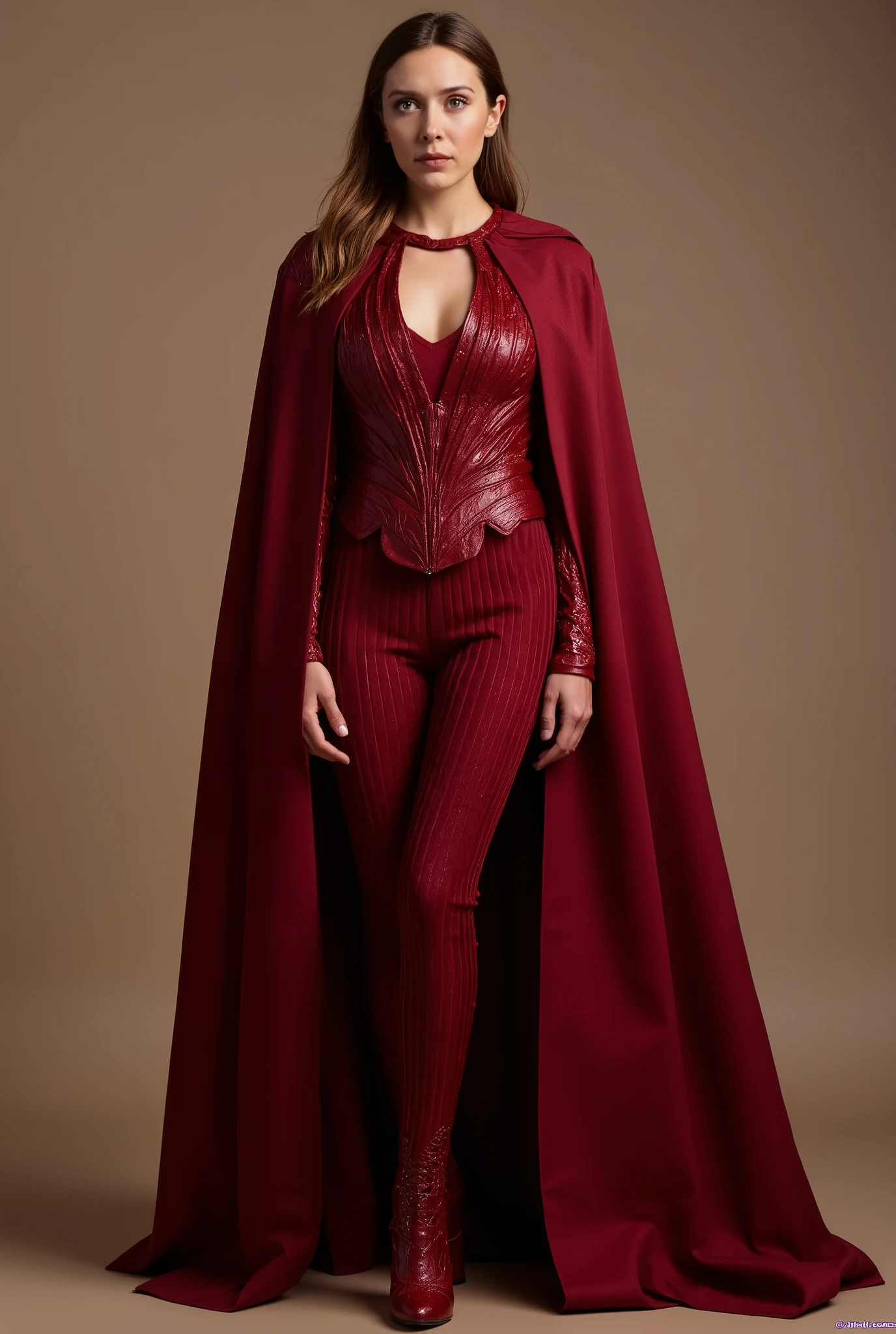 ((Marvel Cinematic Universe character Scarlet Witch:1.5)),  Scarlet Witch suit,  Scarlet Witch outfit,  Scarlet Witch cosplay IN HIGH HEELS ,TETAS ENROMES
