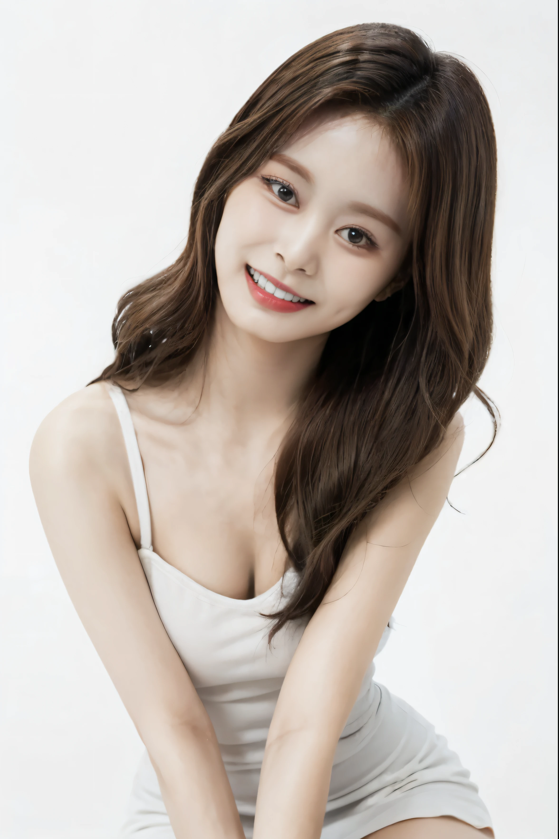 Tzuyu, korean girl, (realistic), (hyperrealism),best quality, masterpiece, (photorealistic:1.4), Ultra High Res, UHD, (plain white background:1.6), 1girl, adorable, solo, (smile), (face details: 1), (eye details:1), (slim body), Cute posed, proportional body, (full body:1.4), sexy pose, (wearing tight fit dress), tube dress, no strap, (facing viewer), (sit on stool), happy, smile showing teeth, looking at viewer,