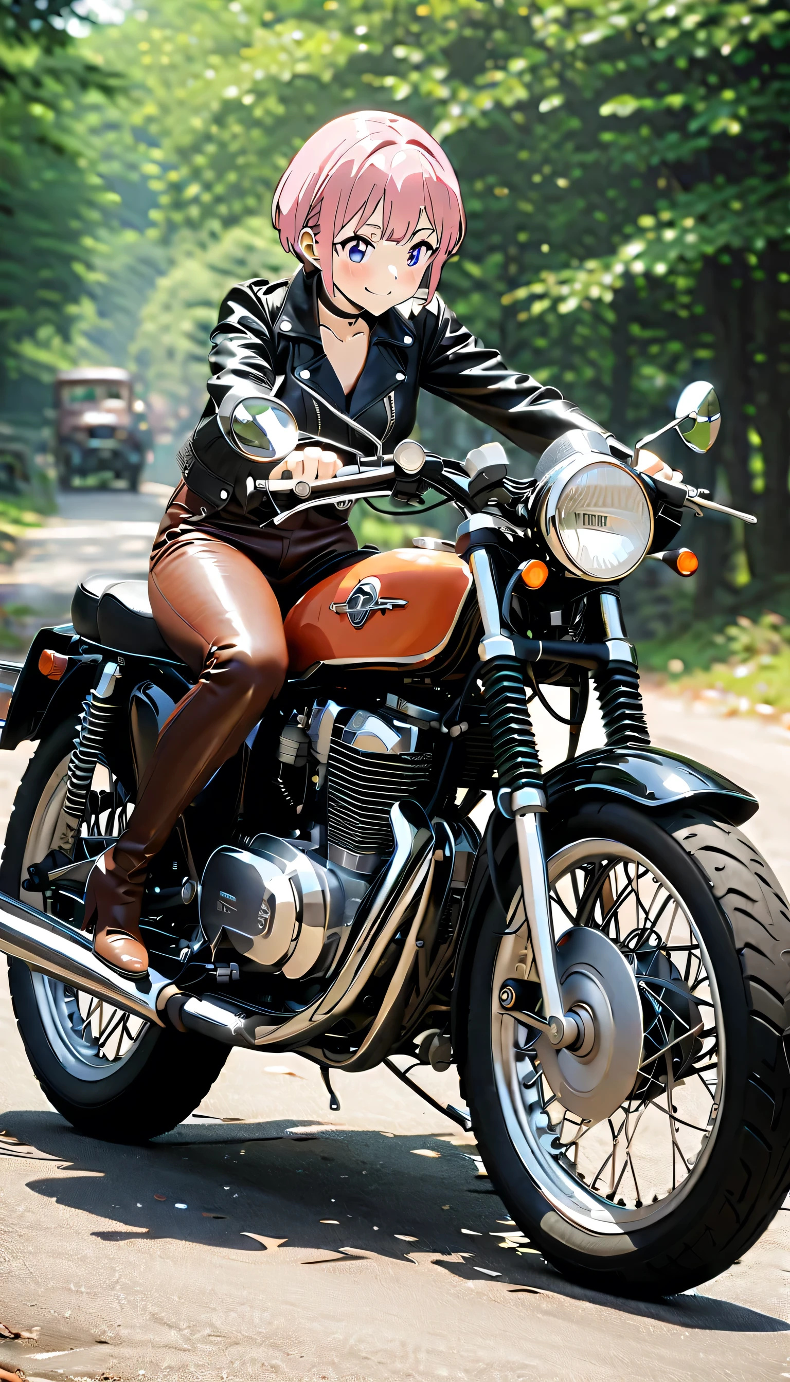(Highest quality, 4K, 8k, High resolution, masterpiece:1.2), Very detailed, Picturesque, Anime-style photos, Photo animation:1.37)、Japanese、(Pink Hair)、(Pixie Cut)、smile、Black choker、leather jacket、Leather pants、Riding a vintage motorcycle、whole body、Nakano Ichika