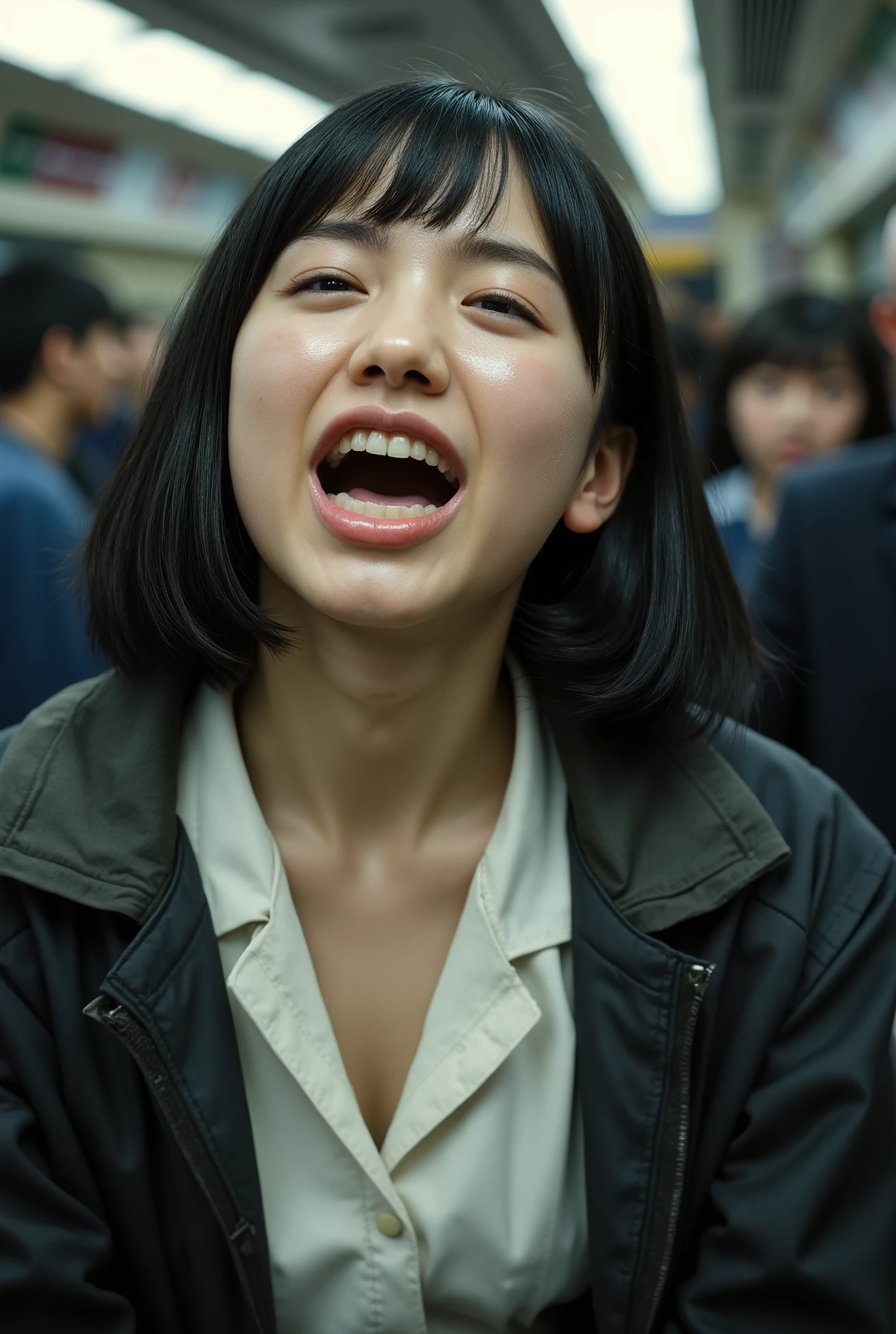 beautiful dark-haired woman turning sideways to the left , Commuter trains in Japan,Crowded car interior, worn over jacket 、 wide-breasted white shirt , (( climaxes by turning her back to screaming climax leaning on playground equipment)) , close-up with his eyes closed , ( 8K ultra HD :0.8), Super Detail, RAW amateur photo ,((face up)), grimace, irritated, frown, open your mouth wide ,Panting face, It's there , chest, neck, and face shining wet with sweat ,Coordinating Your chest to SEXY , Dirty Toilet Floor {x} Beautiful Actress Scandal,lean on the back of the chair, leaning back from outside ,seat, 胸元はsweatだくで、Décolletage , sweaty,( Wet Filter) climax face ,length, Narrow nostrils, carved face ,Greek Nose,((sweat, oily skin)) My face and body are wet with water