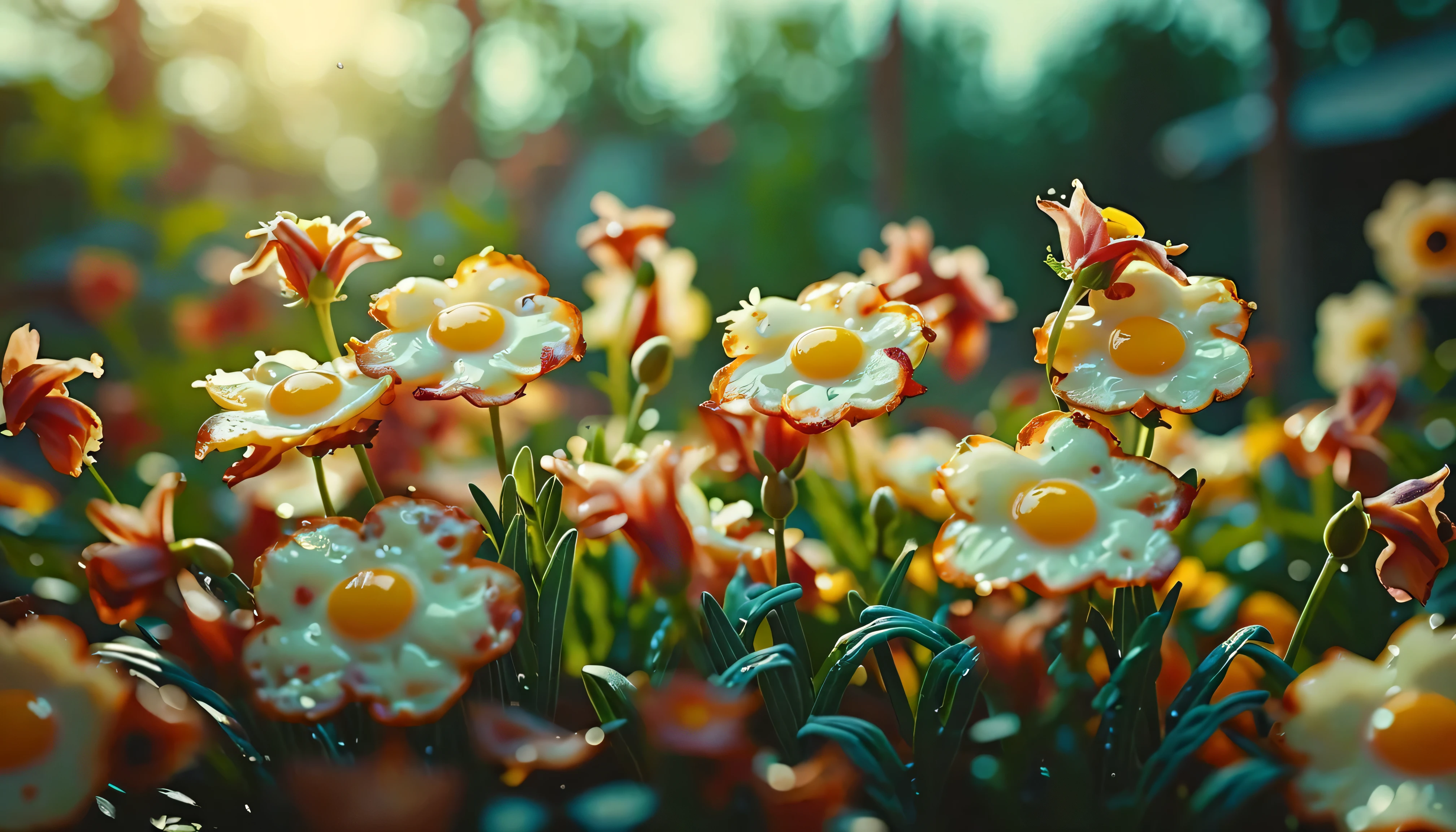 Omelette flowers in a bacon garden (Shallow depth of field:0.6), highly detailed, High Budget, (Bokeh:0.6), movie particle , Granular ,