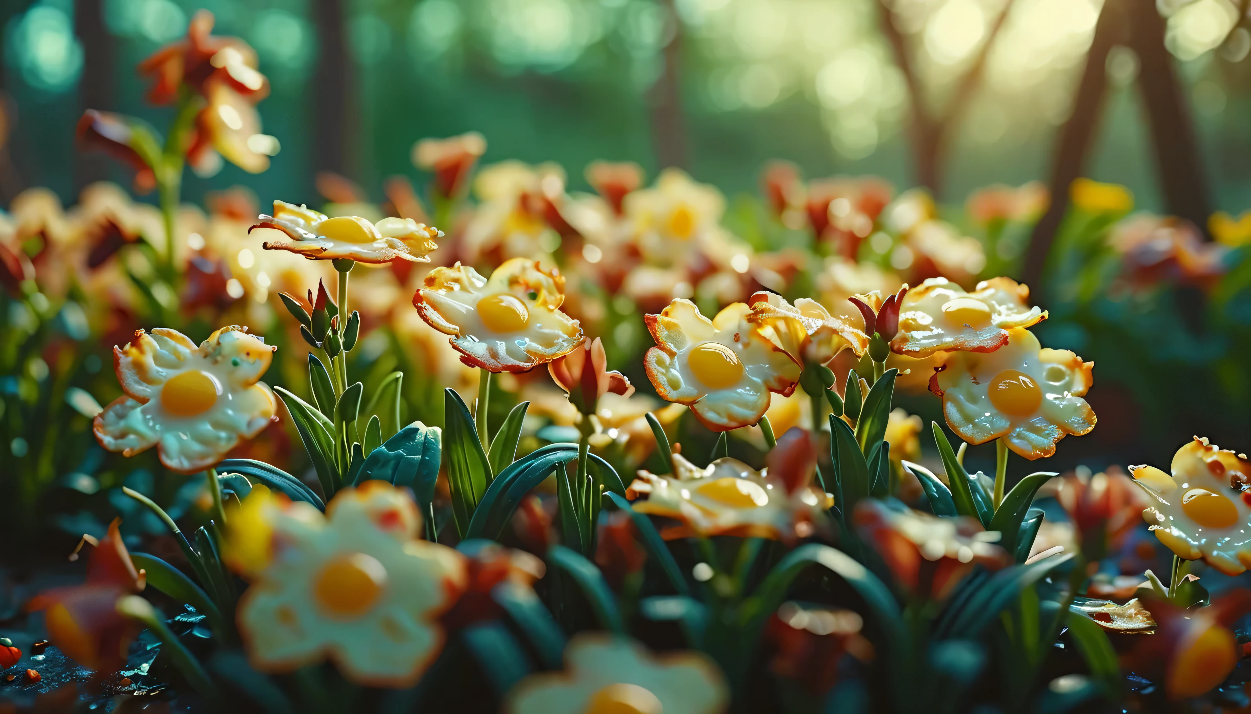 Omelette flowers in a bacon garden (Shallow depth of field:0.6), highly detailed, High Budget, (Bokeh:0.6), movie particle , Granular ,