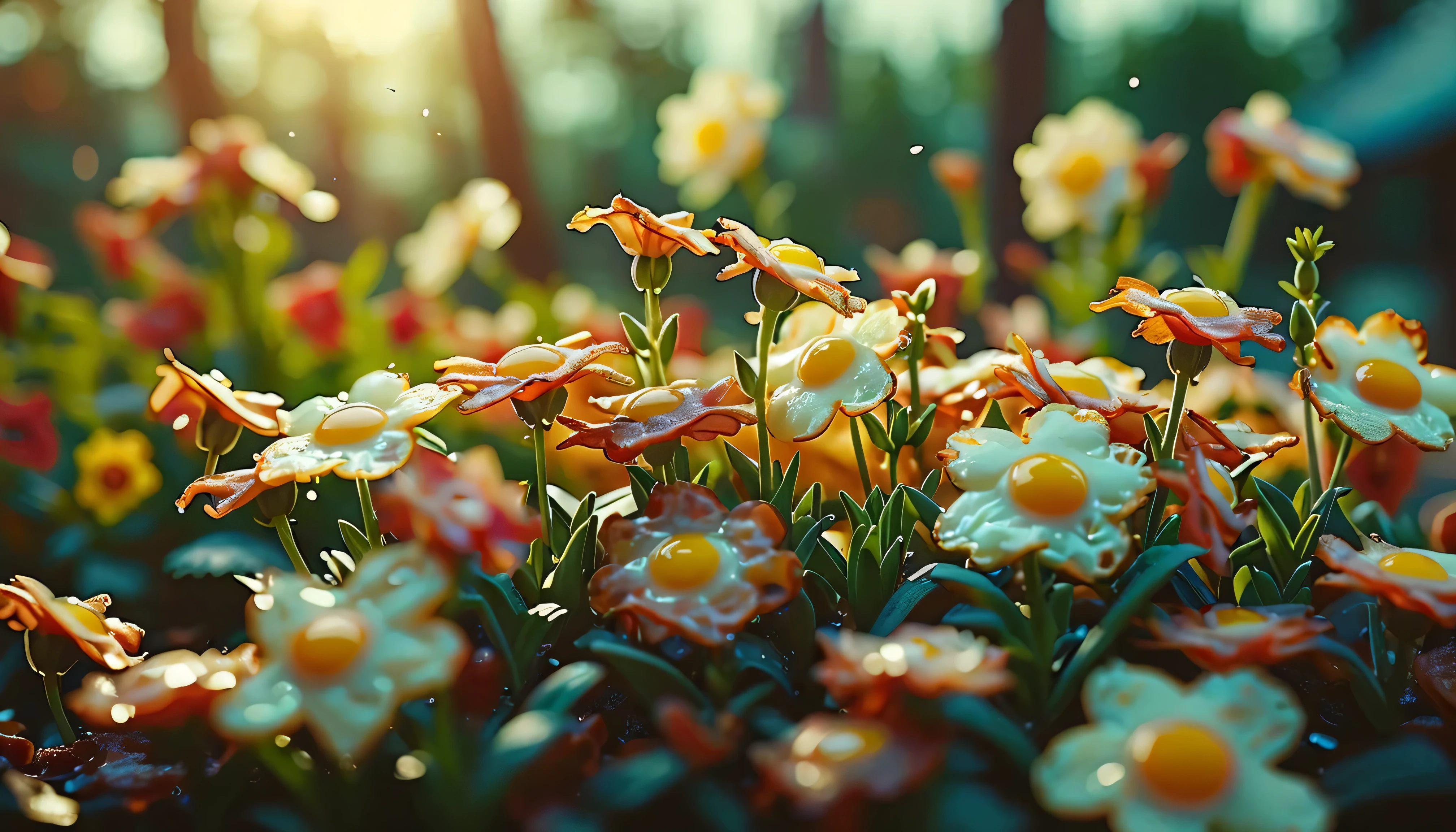 Omelette flowers in a bacon garden (Shallow depth of field:0.6), highly detailed, High Budget, (Bokeh:0.6), movie particle , Granular ,