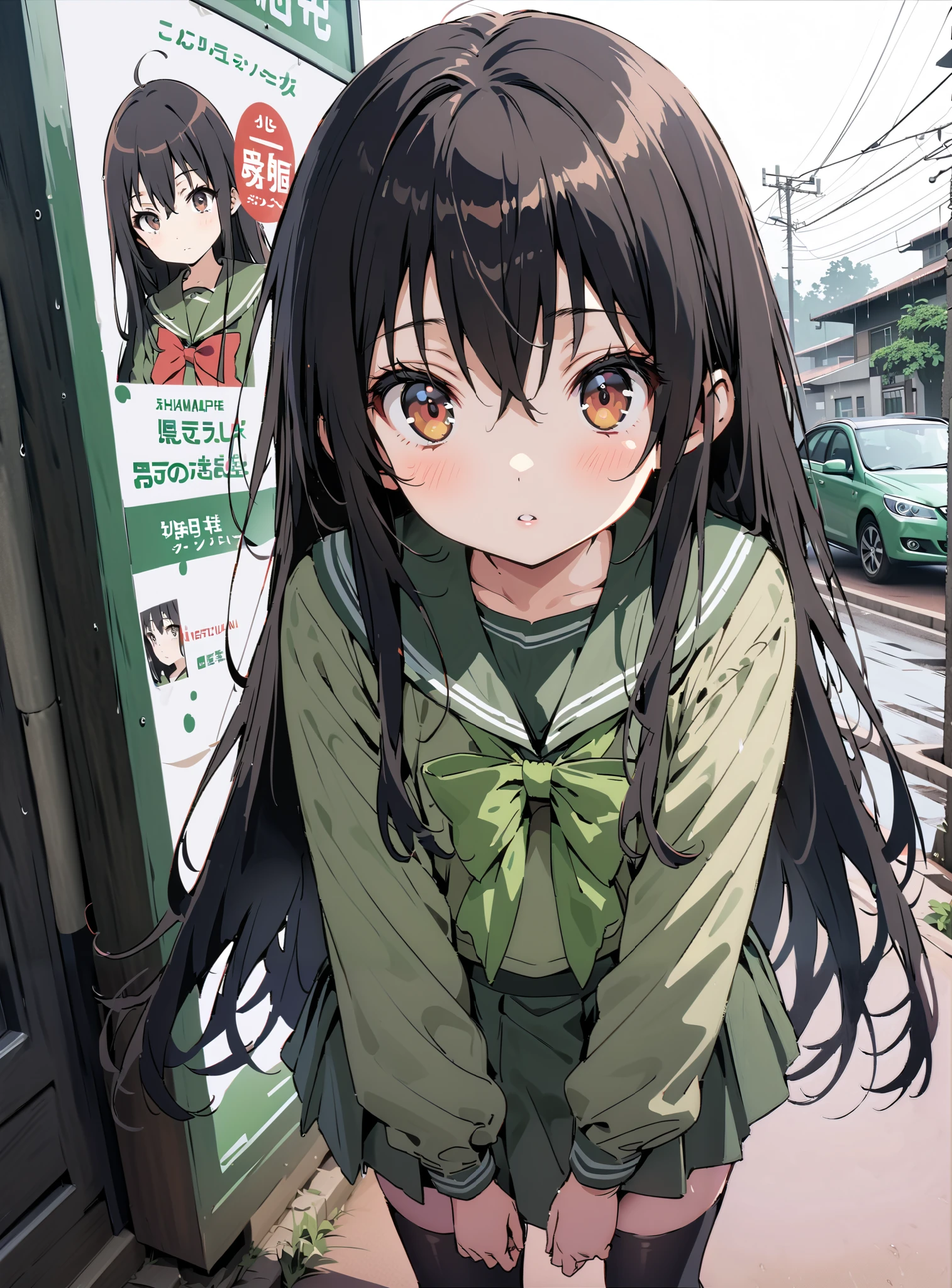 Shana, long hair,brown eyes, black hair, stupid hair, school uniform, serafuku, green serafuku, bow tie, green bow tie, green shirt, green sailor collar, Long Sleeve, green skirt, button, Long Sleeve, black thigh high socks,loafers, holding an umbrella grip,rain, cloudy sky,standing,so that the whole body is in the illustration,break outdoors,bus stop,
break looking at viewer,
break (masterpiece:1.2),TOP QUALITY , kampala, Unity 8K Wallpaper ,(shape:0.8),( fine, beautiful eyes :1.6),It's a person , full body photo,CG Details , ( perfect hands,Complete Anatomy),