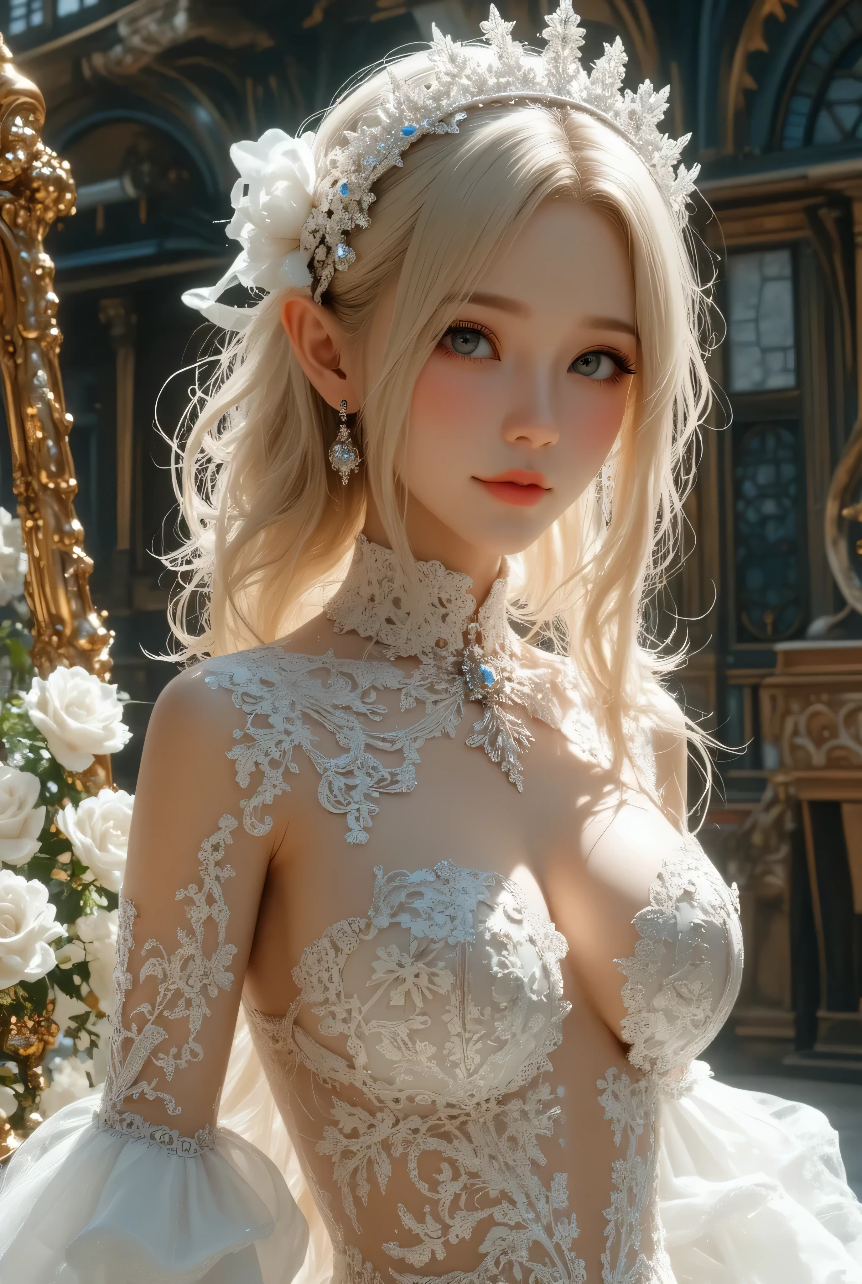 Highest image quality，Super Detail，Best quality ,Extremely exquisite and beautiful, Very detailed skin, Masterpiece, ,Best quality, Official Art, Extremely detailed CG unified 8k wallpaper, Blonde hair and blue eyes，Glowing skin,  (beautiful eyes:1.1), Beautiful skin, Big watery eyes，(Detailed lighting:1.2), (Beautiful and detailed light:1.3),Wearing a Versailles lace hollow White court dress (Lace:1.4), posing in a elegant pose，Beautiful buttocks，Beautiful breasts, The perfect breast shape，Firm breasts，Deep cleavage，Bare breasts，complex, Digital drawing, Smooth, Sharp focus, The End of the World, Epic Reality, (High Dynamic Range:1.2), Revelation, Screen Space Refraction, (Intricate details, Ultra Detailed:1.3), Art Station, Lenses, Complex background, buliding，Beautiful Smile，The most beautiful look，Dreamcatcher earrings，Best looking，Beautiful sexy goddess，nudity:1