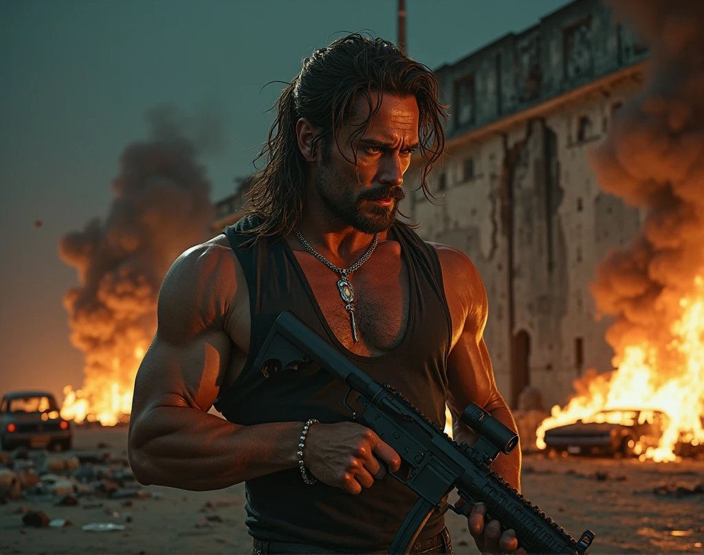 A muscular Rambo in a black tank top, his face covered in scars, stands holding an M60 cannon on a hill overlooking the ruins of the city at night.