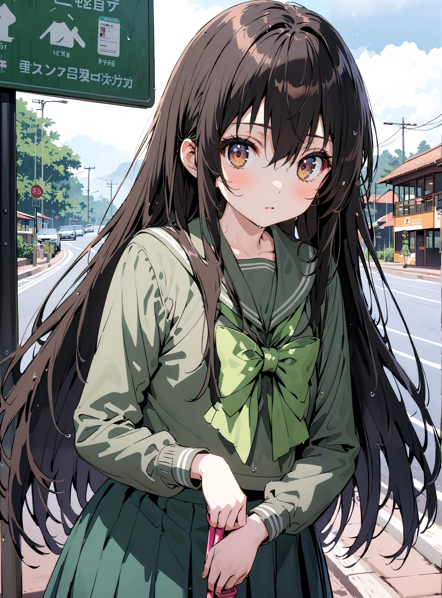 Shana, long hair,brown eyes, Alone, black hair, stupid hair, school uniform, serafuku, green serafuku, bow tie, green bow tie, green shirt, green sailor collar, Long Sleeve, green skirt, button, Long Sleeve, black thigh high socks,loafers, Holding an umbrella grip with one hand,rain, cloudy sky,standing,so that the whole body is in the illustration,break outdoors,bus stop,
break looking at viewer,
break (masterpiece:1.2),TOP QUALITY , kampala, Unity 8K Wallpaper ,(shape:0.8),( fine, beautiful eyes :1.6),It's a person , full body photo,CG Details , ( perfect hands,Complete Anatomy),