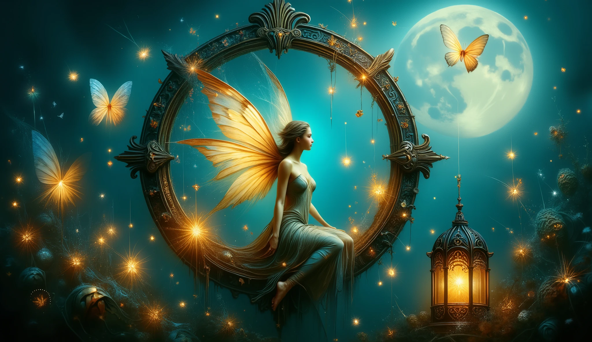 A delicate fairy with softly glowing butterfly wings perches inside a beautifully carved circular frame, suspended in a twilight dreamscape. The background is an enchanting teal, adorned with a vast, radiant full moon casting a silvery glow. Tiny enchanted lanterns dangle from the frame, emitting a warm golden shimmer. Swirling magical energy glows faintly at the edges, and luminous butterflies hover gracefully, trailing faint traces of stardust as they dance in the air. The entire scene is bathed in an ethereal glow, evoking a sense of fantasy and wonder.  
