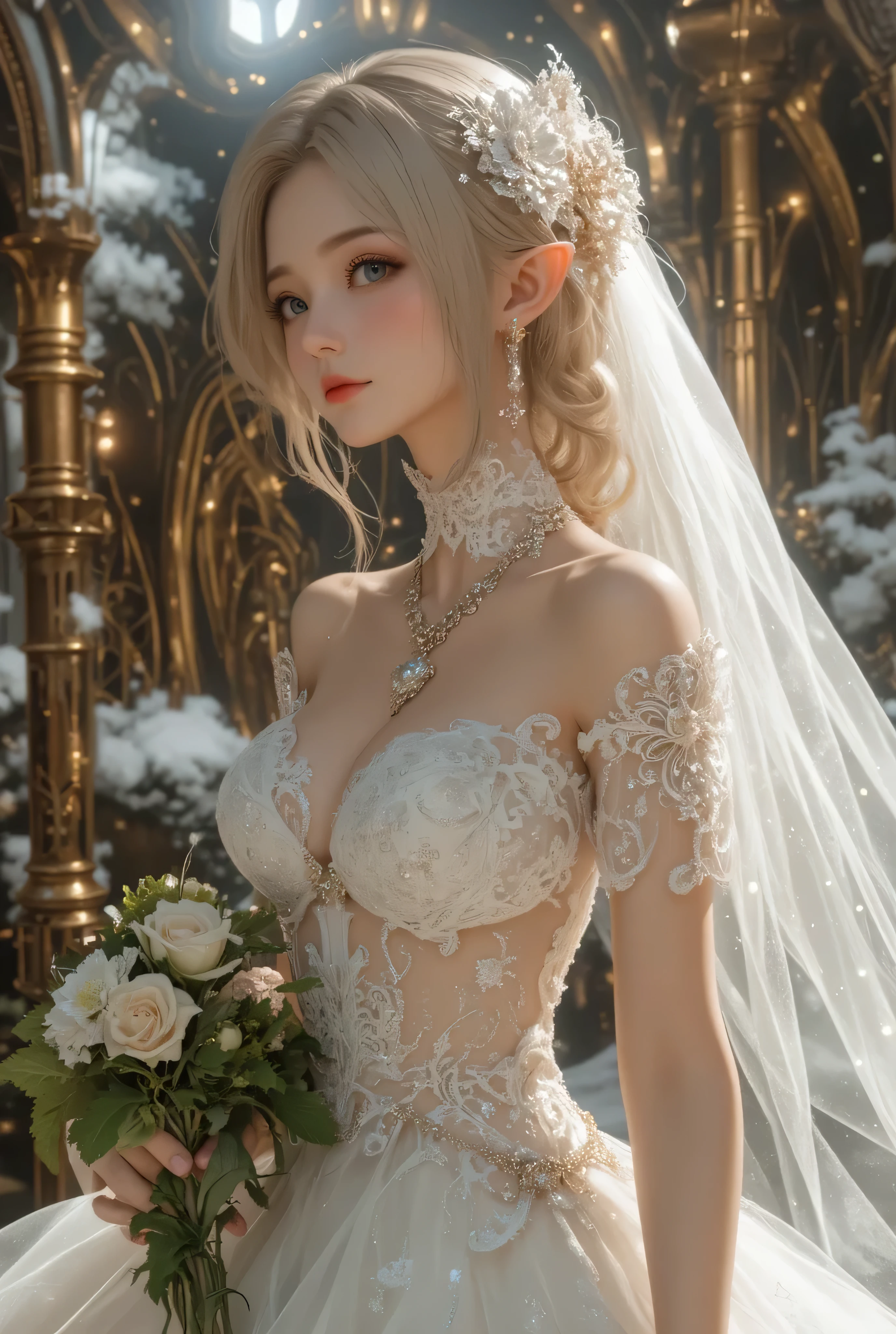 (Front pin、Perfect Anatomy:1.5)、（SFW）(Very detailed、16K quality、Genuine skin: 1.6)、Hyper Genuine、Cinematic lighting、Highly detailed face、1 Beautiful Thai Girl、 （beautiful 14 year old half thai/Japan's daughter:1.3）(mens short hair、Blonde:1.5)（Large, narrow eyes)(Blondeと派手な色がミックスされたヘアカラー、Men's Makeup、eyeliner、Green color contact lenses:1.5）(Disproportionately large breasts)Red lips.break
（Beautiful white and silver wedding dress theme:1.3）(Ivory wedding gown with intricate silver star embroidery:1.2) paired with (metallic silver heels:1.1). Accessorized with (crystal star hair pins:1.3), (moonstone drop earrings:1.2), and (a delicate bracelet with tiny star charms:1.0).（Long dress skirt:1.2）（Angel in a white wedding dress）(Beautifully detailed and large fallen angel black wings:1.5)break(Late Night、moonlight、In front of the temple with bells ringing and lights shining、Be blessed、wedding style:1.4)(whole body.)