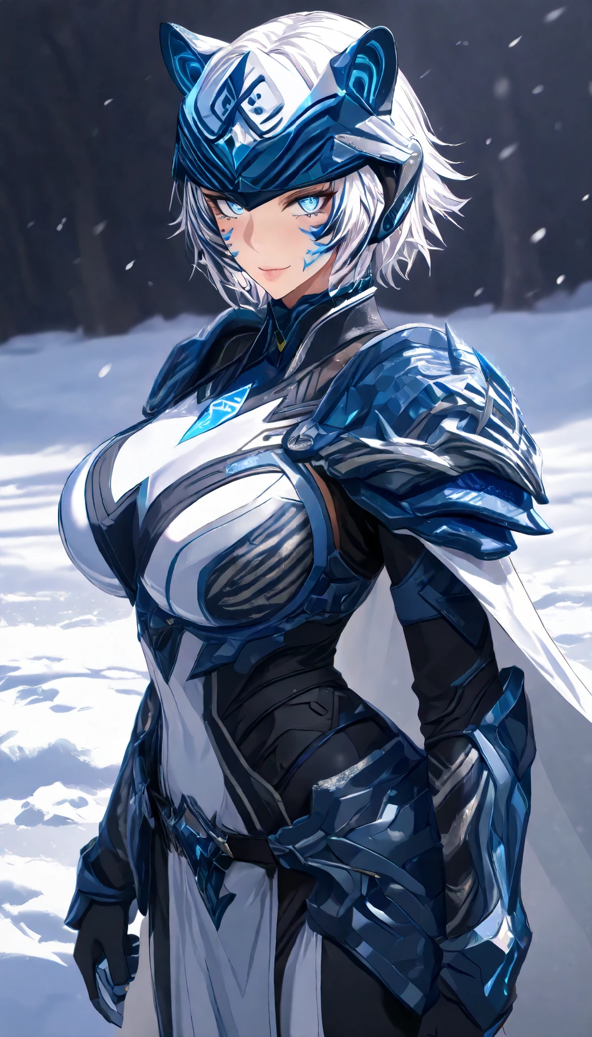 A Tiger Female ,Perfect body,Oppai (Black and White hair,short hair, streaked hair),White Tiger Metal Forehead protection helmet, Blue tiger eyes, Wearing A White Tiger pattern Heavy Armor with White tiger characteristics(Black stripes), White cape,Torogao, seductive smile, In A Snowfield, Snowy weather, Snow,UHD, SOLO, anatomically correct, masterpiece, textured skin, high details, highres, 1080P, 16k, accurate, Beautiful face, Perfect face, Highly detailed beautiful face and eyes, Attractive face, Detailed face, Delicate facial features, Detailed skin,Cowboy shot