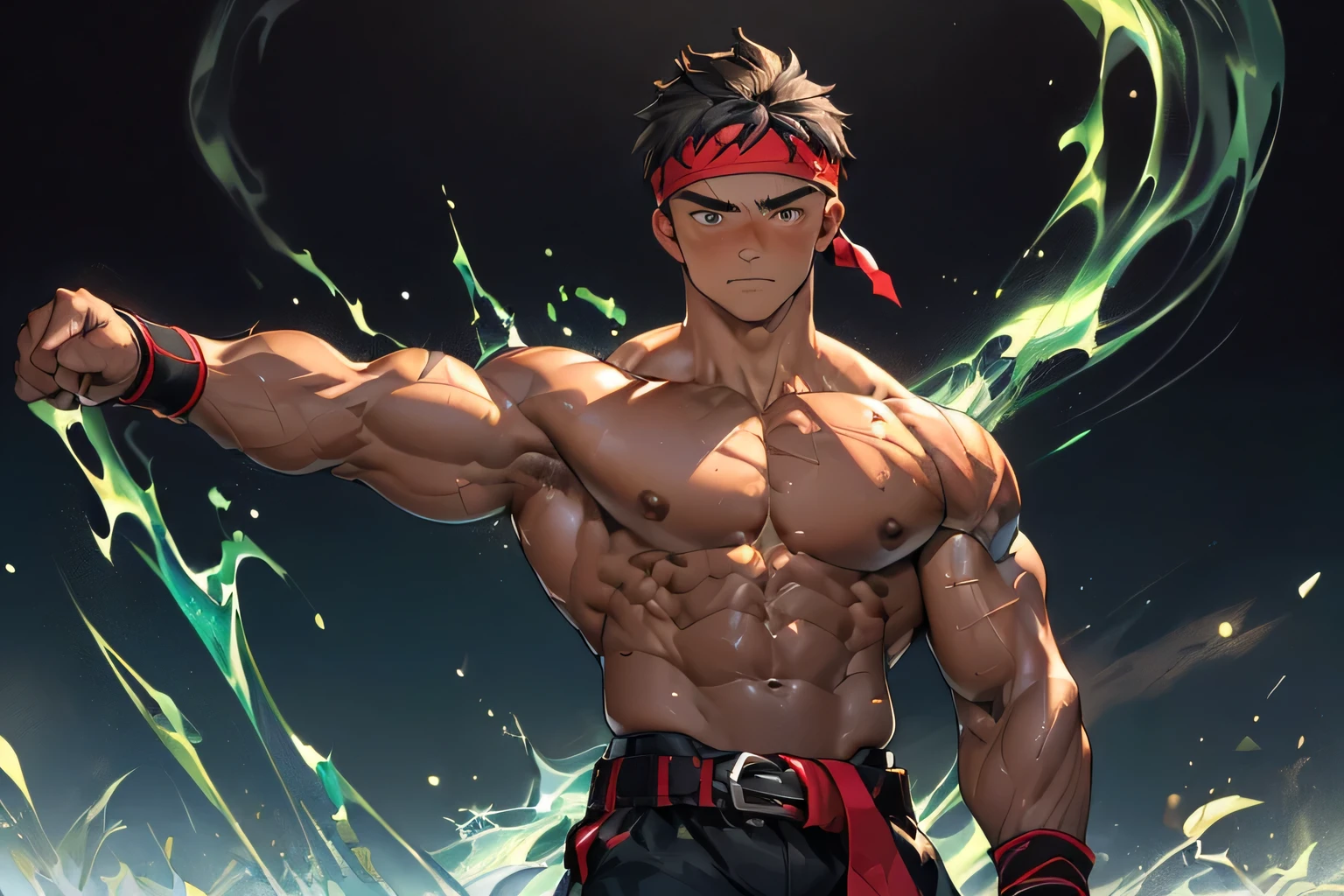 (Masterpiece, Best quality 19 year old boy, black background), solo, Young, boy, muscler, Shirtless, topless, (Dark Short straight hair, under cut, brown eyes), (red headband, ((black wristband))), Vivid colors, (hot Abs:1.2, abs!, big abs, big breast:1.2, chest!, muscler upper arms, clenched fist), (topless male), muscler!, muscler body, Man with martial arts stance, (aura power:1.4), detailed face, detailed muscle, (((A magical turquoise mystical aura, random fighting pose, powerful, action, rippling muscles, fighting with enemy, concentrate, Fotografia de combate)))