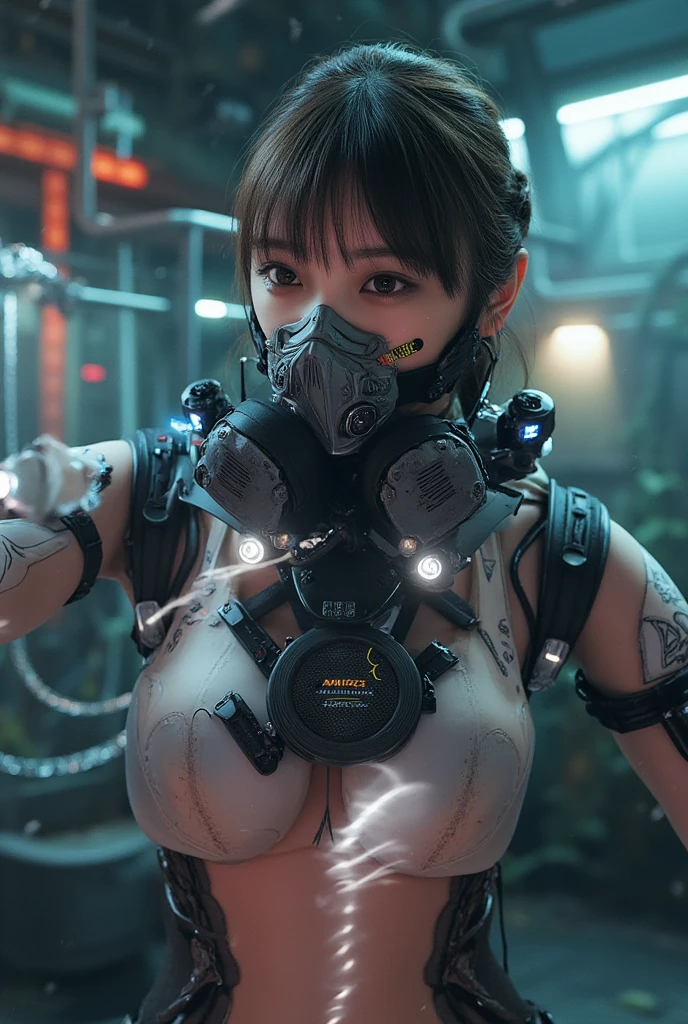 (((Masterpiece))), ((Best Quality)), (Super Detail), (CG Illustration), (Very Evil and Beautiful)), Cinematic Light, ((1 Mechanical Girl)), Single, (Mechanical Art: 1.4), ((Mechanical limb)), (Blood vessel attached to a tube), ((Mechanical spine attached to the back)), ((Mechanical cervical vertebrae attached to the neck), expressionless, ( Wires and cables attached to the head and body: 1.5), Science Fiction, Apocalypse, Ruins, (Lower Body Integrated with Mechanical Devices), (Blood: 1.5), Cruelty, Absurdity, Eroticism, Fusion with Machines, Doomsday Time, Super Future, Inorganic, Laboratory, Restraint, (Beautiful Indulgence: 1.2), (1 Girl: 1.3), Body Wrapped Around Mechanical Tentacles, ((big boobies)), long black hair, big  on focus, ((balck latex brassiere)), (((wearing a  mask))), ((fullbody))