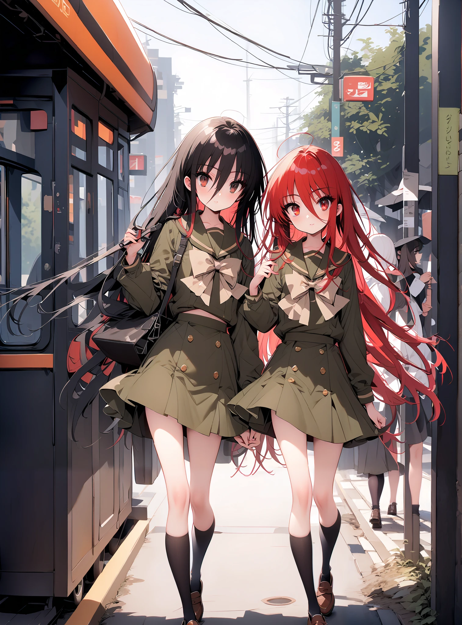 Shana, long hair,brown eyes, Alone, black hair, stupid hair, school uniform,  serafuku, green  serafuku,  bow tie, green  bow tie,  green shirt, green sailor collar,  Long Sleeve,  green skirt, button, Long Sleeve, black thigh high socks,loafers, Holding an umbrella grip with one hand,rain, cloudy sky,standing,so that the whole body is in the illustration,break outdoors,bus stop,
break looking at viewer,
break (masterpiece:1.2),TOP QUALITY , kampala, Unity 8K Wallpaper ,(shape:0.8),(  fine, beautiful eyes  :1.6),It's a person , full body photo,CG Details , ( perfect hands,Complete Anatomy),