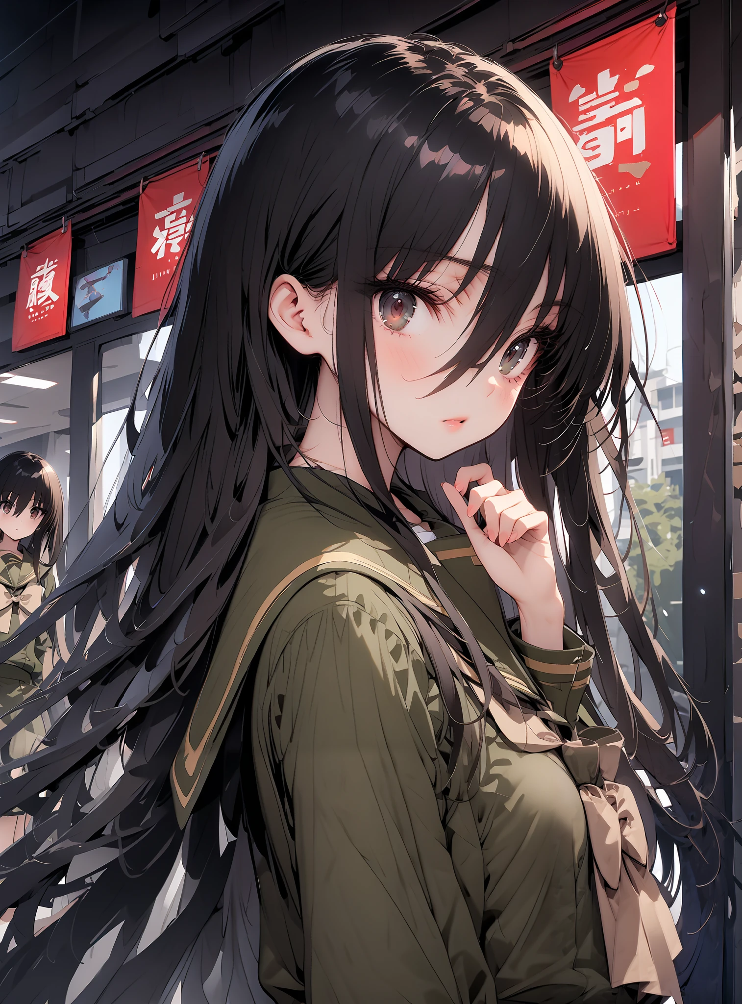 Shana, long hair,brown eyes, Alone, black hair, stupid hair, school uniform, serafuku, green serafuku, bow tie, green bow tie, green shirt, green sailor collar, Long Sleeve, green skirt, button, Long Sleeve, black thigh high socks,loafers, Holding an umbrella grip with one hand,rain, cloudy sky,standing,so that the whole body is in the illustration,break outdoors,bus stop,
break looking at viewer,
break (masterpiece:1.2),TOP QUALITY , kampala, Unity 8K Wallpaper ,(shape:0.8),( fine, beautiful eyes :1.6),It's a person , full body photo,CG Details , ( perfect hands,Complete Anatomy),