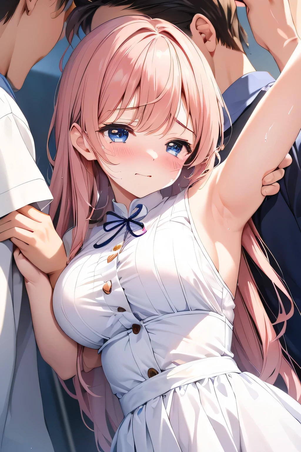 ( manga 、Anime、story)、( masterpiece 、 Top Quality、 Ultra High Definition )、( Perfect Face 、 facial beauty、 beautiful eyes )、( cries、 resists 、 embarrassed 、 Empty Heart)、sweat、 Big Breasts 、The button comes off 、 dress shirt 、 white shirt、 、 embarrassed 、 街の中Empty Heart、gunを構える、gun、,( I'm surrounded by lots of men 、 man hugs woman 、 Men's ribbed armpits 、)、、handcuffs、 hands are tied with adhesive tape 、 many hands touching woman、 Lots of hands touching my body 、 cries、 sheds tears、 Cover your mouth with your hands :1.2、(#、 crowded train、 grabs chest 、 tugs at my heart、Press the chest、panties)、(nsfw)、( clothes can be torn、The clothes are see-through)