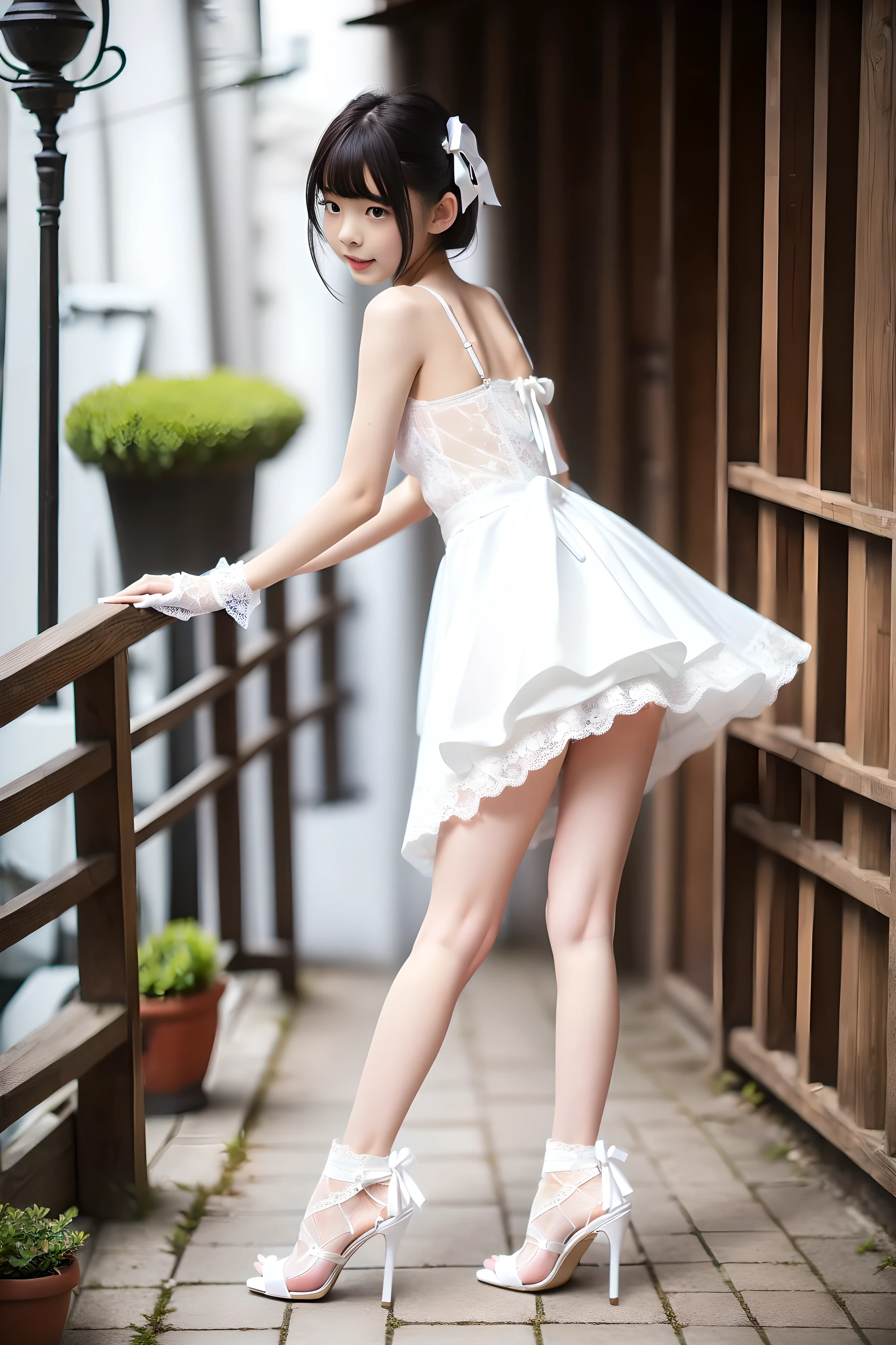 (((Full body portrait:1.5))),(Beautiful exposed ass),(very short pure white lace miniskirt),(female masturbation),(small breasts:1.5),(open mouth vertically),(very cute petite Japanese girl with a slender body and a baby face),(Short stature and skinny body),(short limbs),(extremely cute girls),(Pure white dress with a very short miniskirt),(white underwear),(thin thighs),(hands on buttocks),(drunk),(Frightened face),(Voyeur from the side),(facing forward),white hair ribbon,white lace gloves,white stiletto heels,own home,Ultra high definition,Highest quality,high resolution,Extremely detailed depiction,super detailed skin