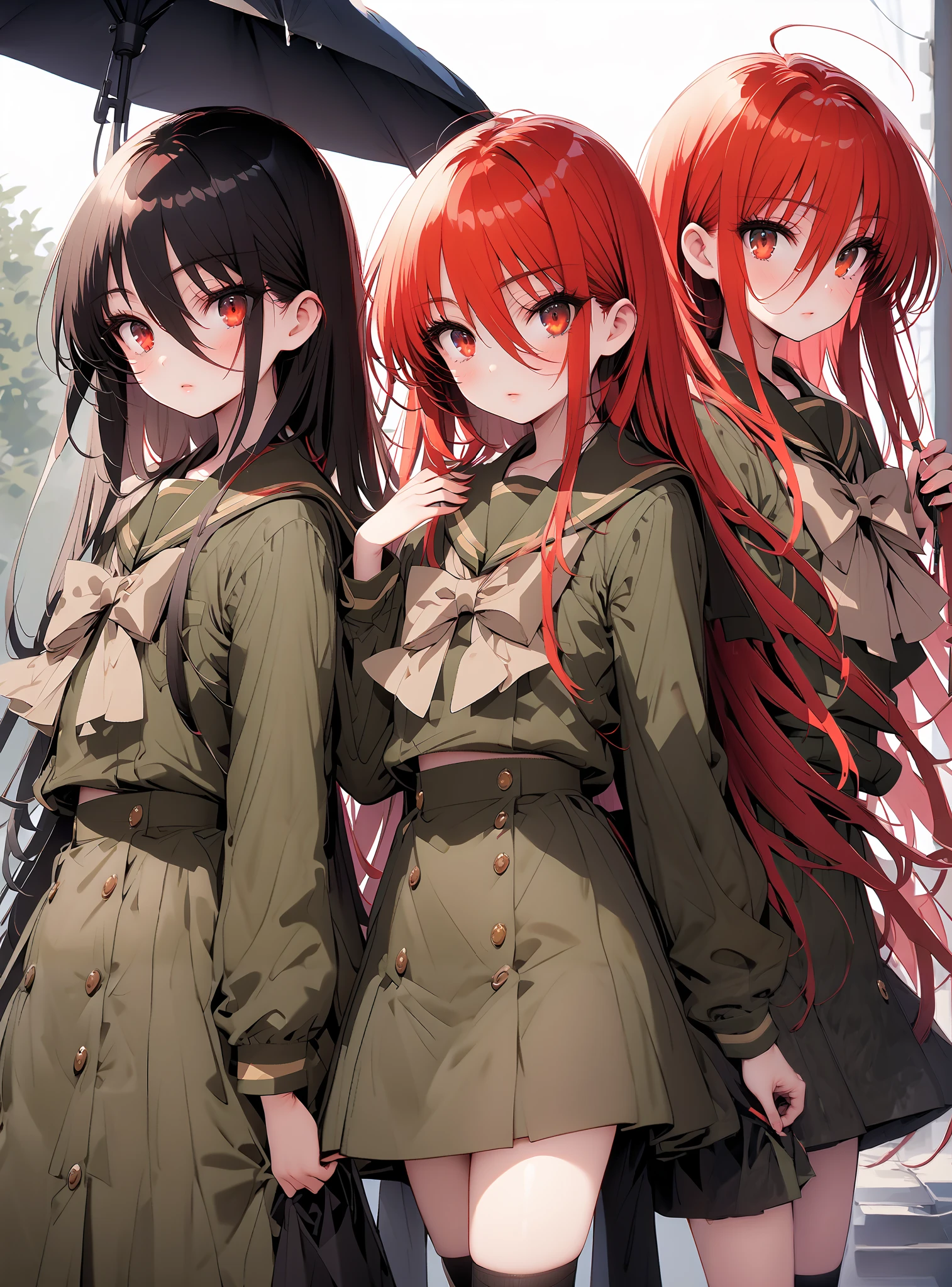 Shana, long hair,brown eyes, Alone, black hair, stupid hair, school uniform, serafuku, green serafuku, bow tie, green bow tie, green shirt, green sailor collar, Long Sleeve, green skirt, button, Long Sleeve, black thigh high socks,loafers, Holding an umbrella grip with one hand,rain, cloudy sky,standing,so that the whole body is in the illustration,break outdoors,bus stop,
break looking at viewer,
break (masterpiece:1.2),TOP QUALITY , kampala, Unity 8K Wallpaper ,(shape:0.8),( fine, beautiful eyes :1.6),It's a person , full body photo,CG Details , ( perfect hands,Complete Anatomy),