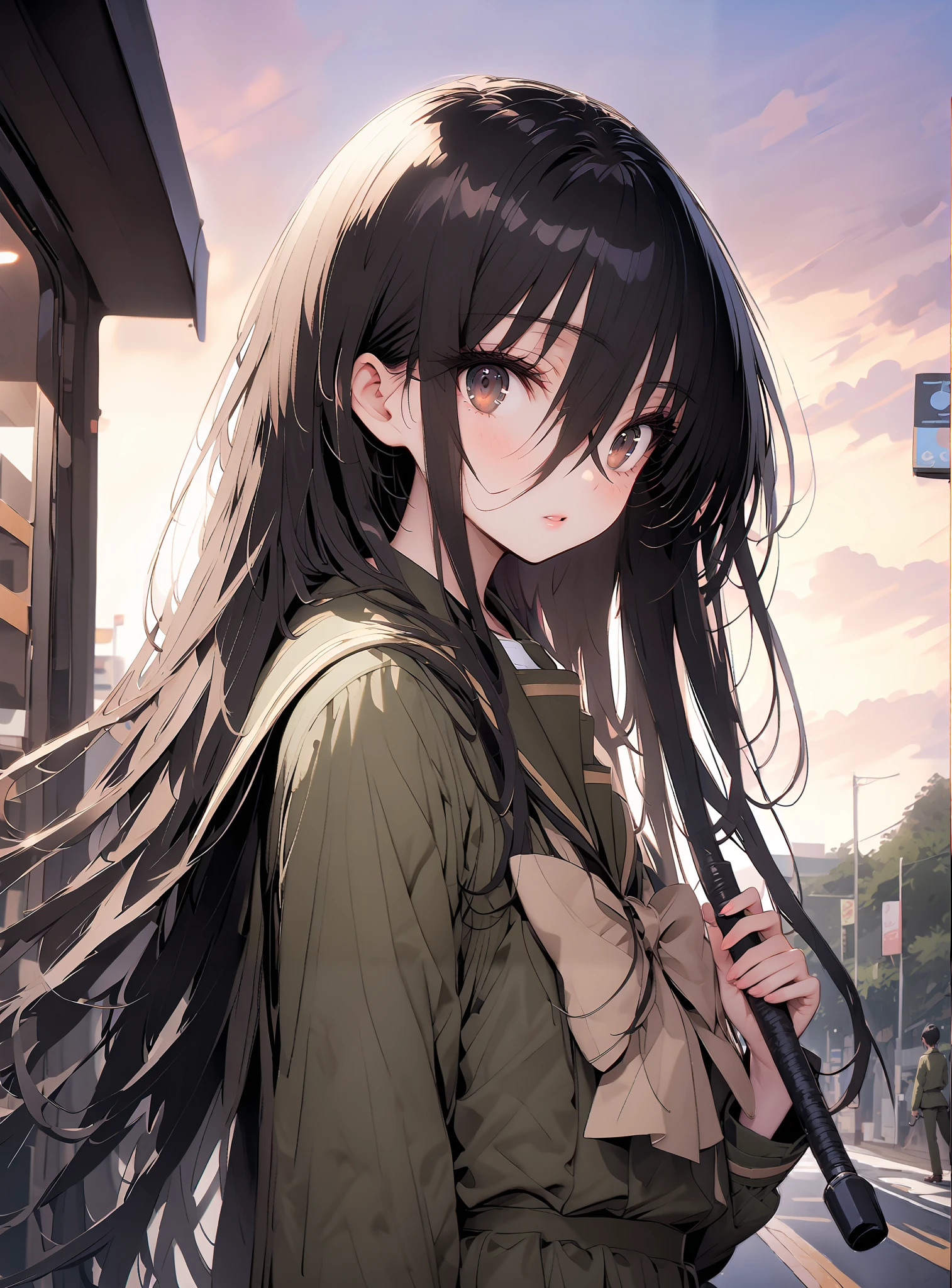 Shana, long hair,brown eyes, Alone, black hair, stupid hair, school uniform, serafuku, green serafuku, bow tie, green bow tie, green shirt, green sailor collar, Long Sleeve, green skirt, button, Long Sleeve, black thigh high socks,loafers, Holding an umbrella grip with one hand,rain, cloudy sky,standing,so that the whole body is in the illustration,break outdoors,bus stop,
break looking at viewer,
break (masterpiece:1.2),TOP QUALITY , kampala, Unity 8K Wallpaper ,(shape:0.8),( fine, beautiful eyes :1.6),It's a person , full body photo,CG Details , ( perfect hands,Complete Anatomy),