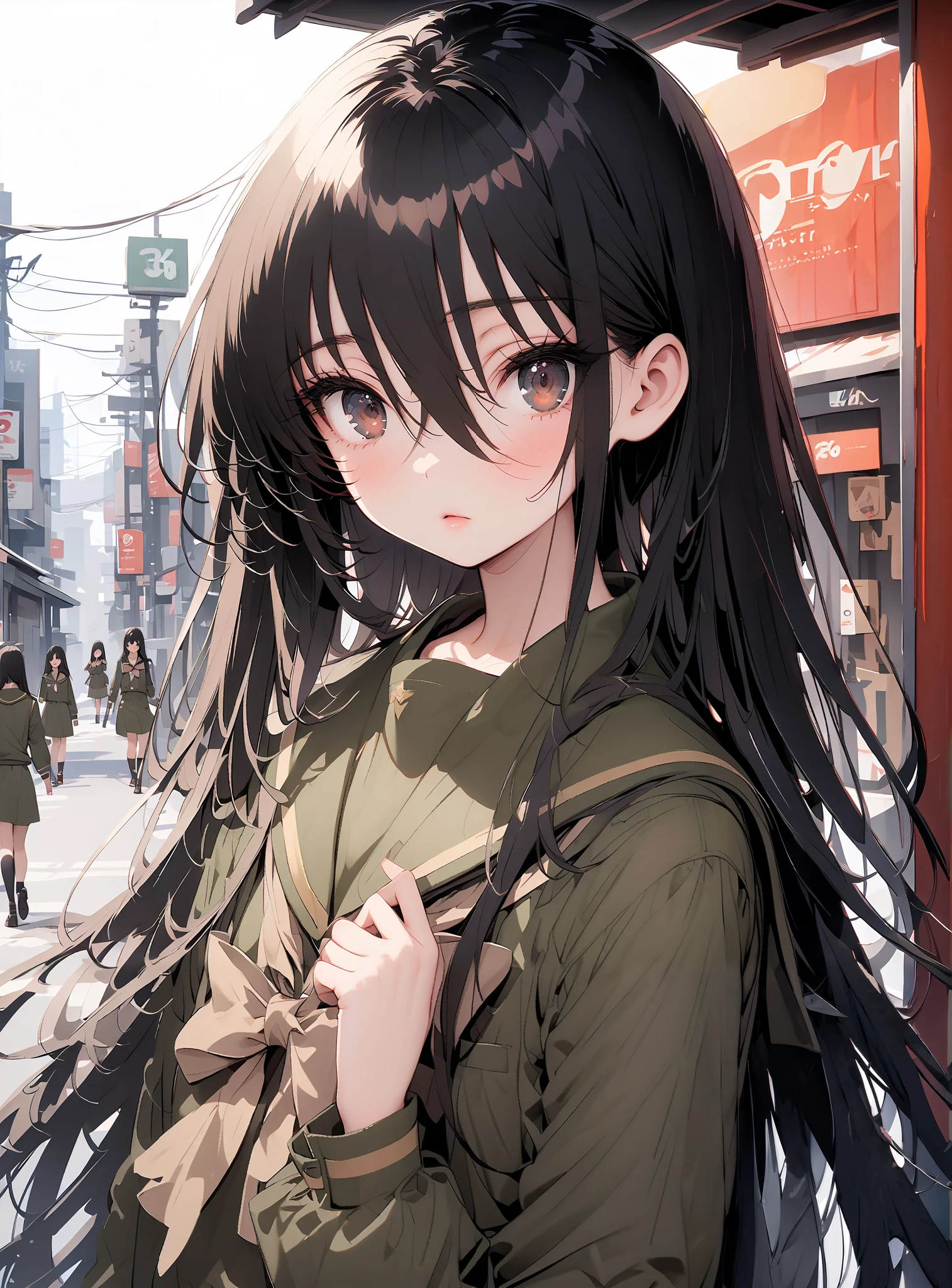 Shana, long hair,brown eyes, Alone, black hair, stupid hair, school uniform, serafuku, green serafuku, bow tie, green bow tie, green shirt, green sailor collar, Long Sleeve, green skirt, button, Long Sleeve, black thigh high socks,loafers, Holding an umbrella grip with one hand,rain, cloudy sky,standing,so that the whole body is in the illustration,break outdoors,bus stop,
break looking at viewer,
break (masterpiece:1.2),TOP QUALITY , kampala, Unity 8K Wallpaper ,(shape:0.8),( fine, beautiful eyes :1.6),It's a person , full body photo,CG Details , ( perfect hands,Complete Anatomy),