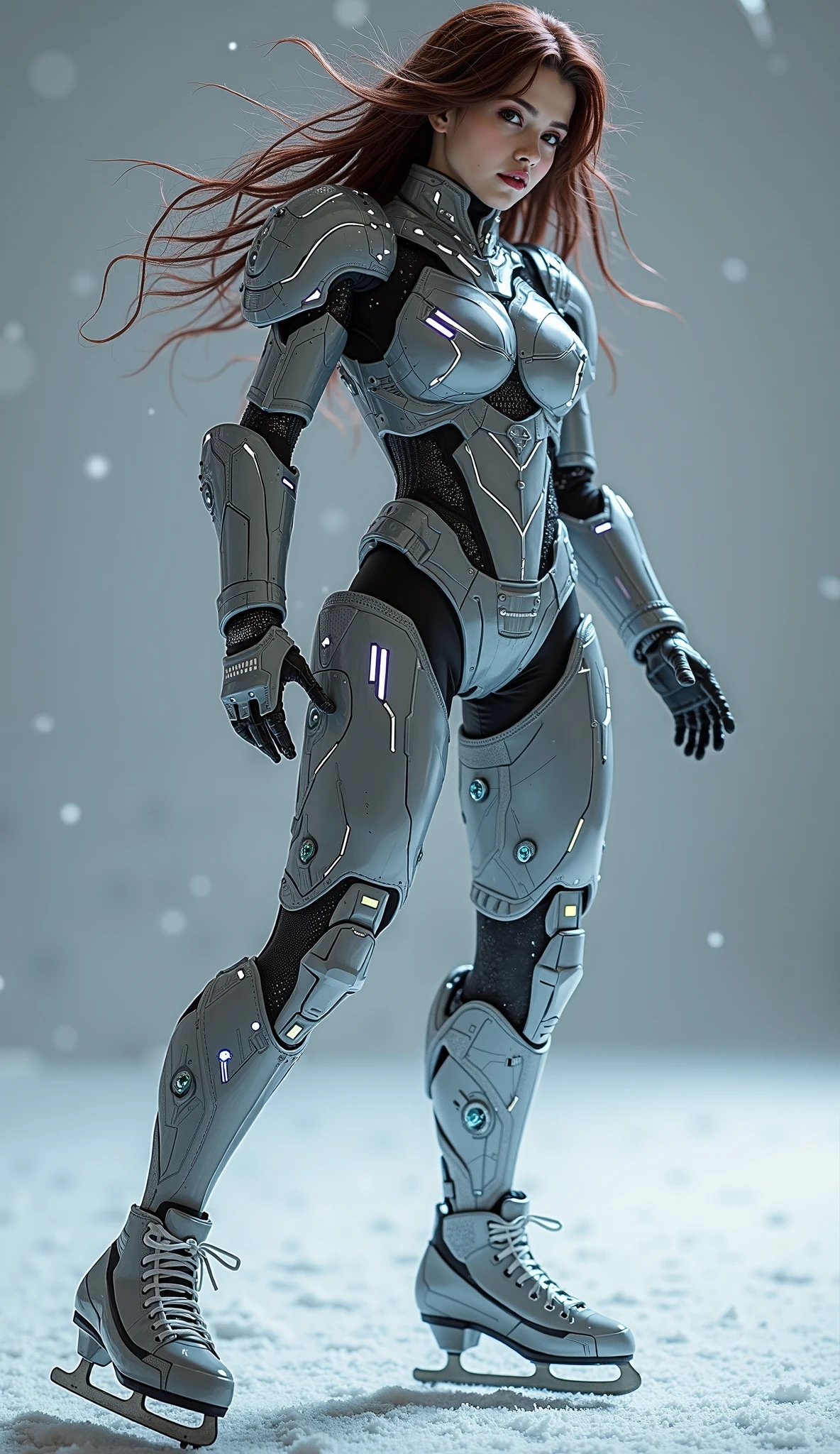 arafed a cyborg woman, standing, detail realistic, porcelain skin, very pale skin, very beautiful, redhead woman, future robot woman, many mechanical body organs, hands and legs are cyborg, mystical post apocalyptic cyborg, dystopian sci-fi cyborg woman, half human half machine.