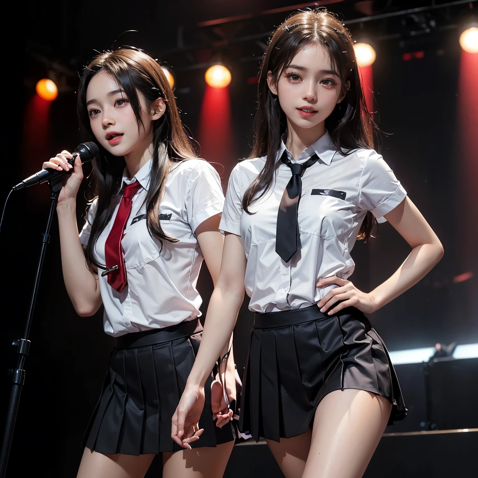 top-quality, 8K picture quality, masterpiece, A hyper-realistic, (Two girls side by side:1.2), Perfect body and firm big breasts, Bright whitening skin, A skin-tight white stretch blouse with a deep red ribbon tie., Micro mini pleated tartan check skirt, (the skirt is incredibly short), (Stick out your butt and show off your beautiful butt:1.3), (above the knee while standing), thin-waist, , (Both of them are proud of their beautiful butts), Skirtliftv1