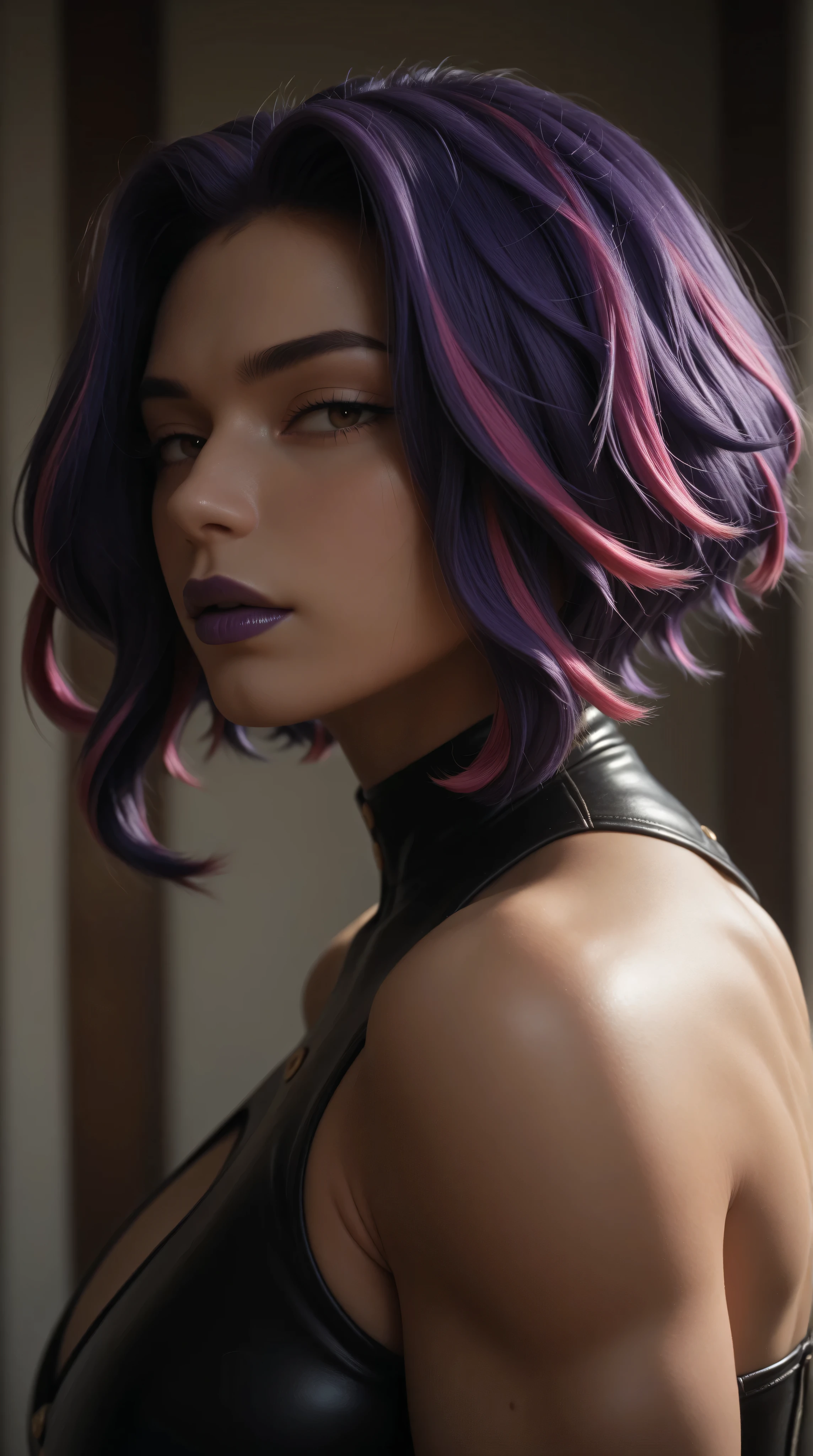 Nagant from My Hero Academia with Athletic toned Body and gigantic breast,beautifully young,Japanese race,purple hair with highlights,short hair,glossy skin,purple lipstick,portrait picture,fierce expression,hero uniform,side view