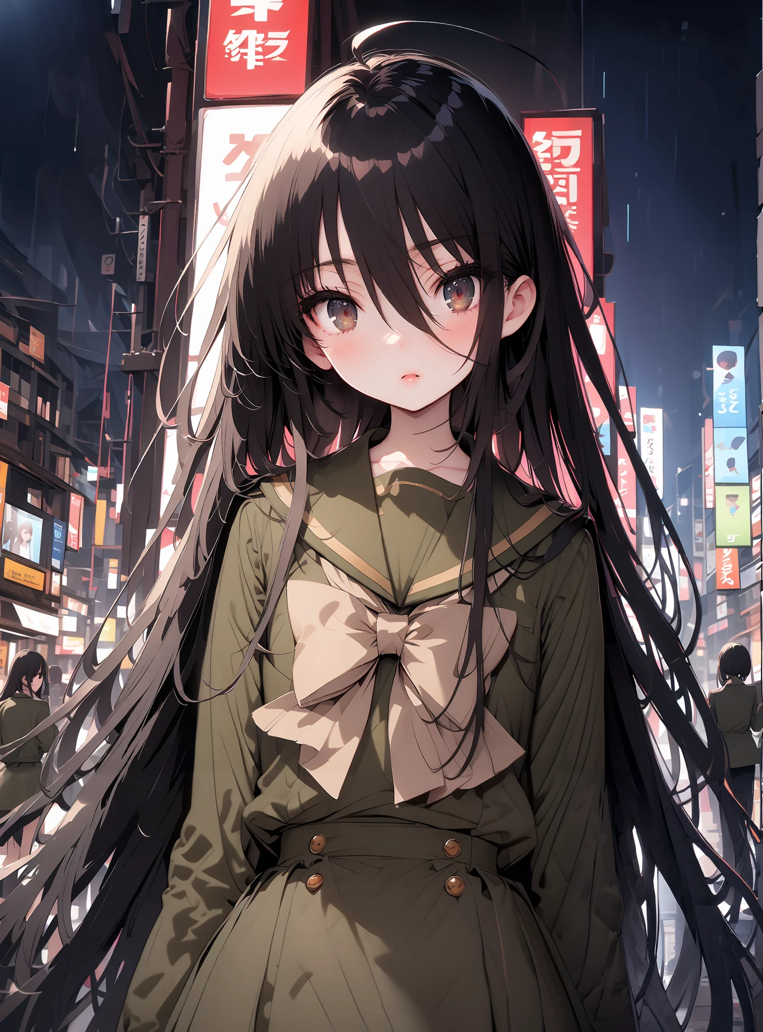 Shana, long hair,brown eyes, Alone, black hair, stupid hair, school uniform,  serafuku, green  serafuku,  bow tie, green  bow tie,  green shirt, green sailor collar,  Long Sleeve,  green skirt, button, Long Sleeve, black thigh high socks,loafers,rain, cloudy sky,standing,whole bodyがイラストに入るように,break outdoors,bus stop,
break looking at viewer,whole body,
break (masterpiece:1.2),TOP QUALITY , kampala, Unity 8K Wallpaper ,(shape:0.8),(  fine, beautiful eyes  :1.6),It's a person ,whole body写真,CG Details , ( perfect hands,Complete Anatomy),