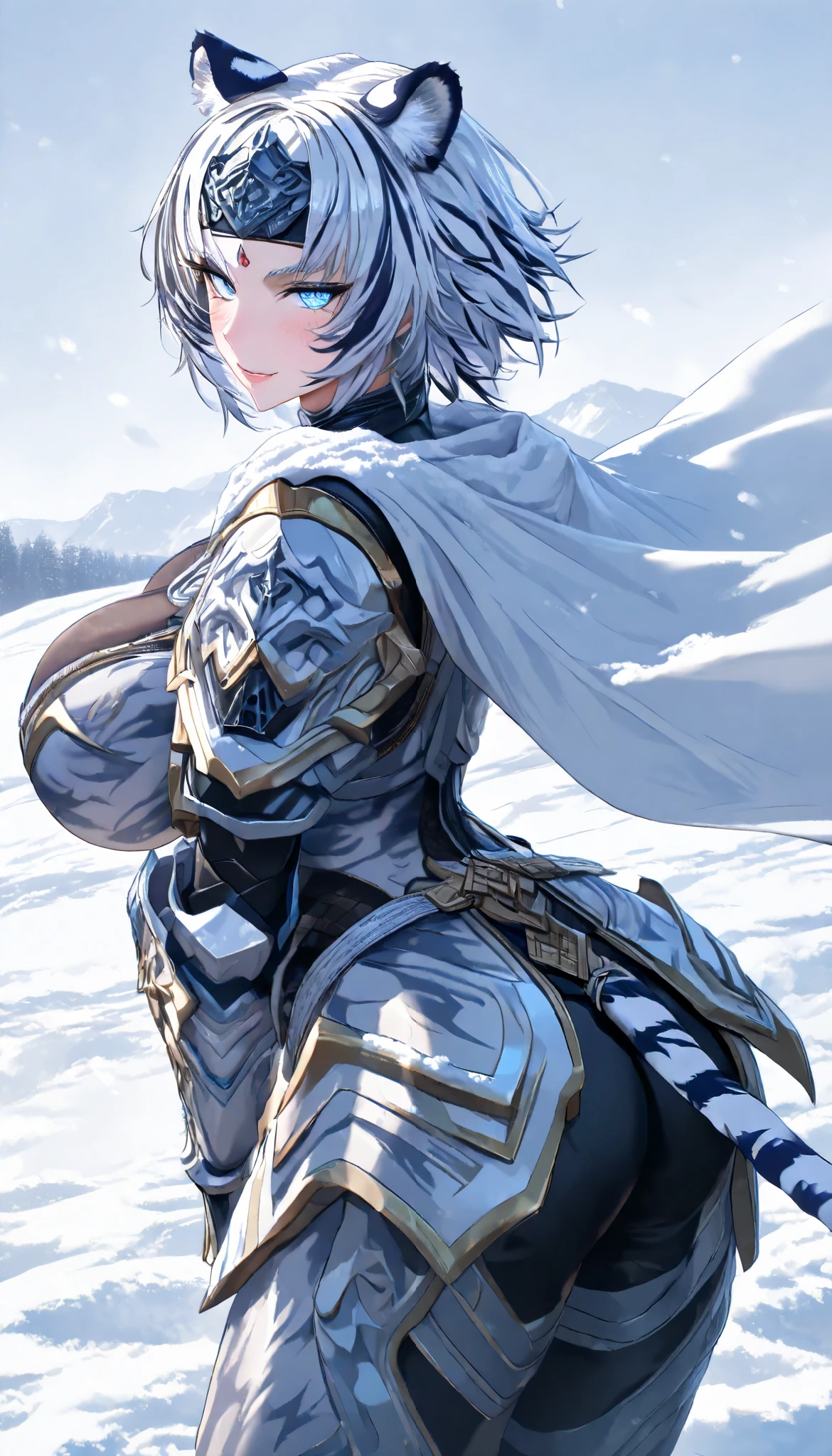 A White Tiger Female,White tiger ears,Huge Oppai,Perfect body, (Black and White hair,short hair, streaked hair),White Tiger Metal Forehead protector, (Blue tiger eyes), Wearing A White Tiger pattern Heavy Armor with White tiger characteristics(Black stripes), White cape,(Torogao, seductive smile), In A Snowfield, Snowy weather, Snow,UHD, SOLO, anatomically correct, masterpiece, textured skin, high details, highres, 1080P, 16k, accurate, Beautiful face, Perfect face, Highly detailed beautiful face and eyes, Attractive face, Detailed face, Delicate facial features, Detailed skin,Cowboy shot,From Behind,Look back