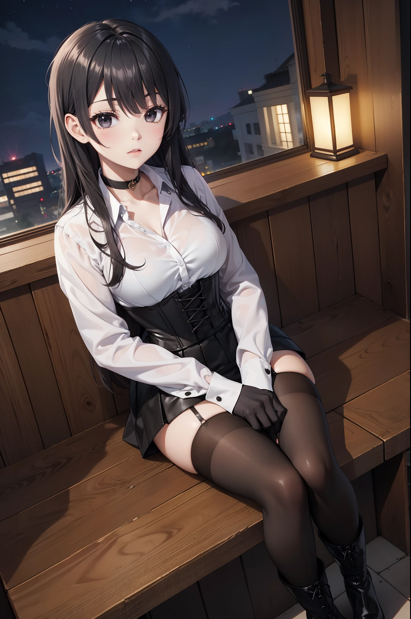 Masterpiece, anime style, A young girl, of foot, (view from above), (( arms crossed )), pretty face, surprised look, ((redness on the cheeks)), long black hair, detailed eyes, black eyes, choker : 1.6, (( long sleeve white shirt )), ( black gloves ), (black leather corset), ((black miniskirt)), brown stockings, black leather boots ), self-critical , roof, (( at night))