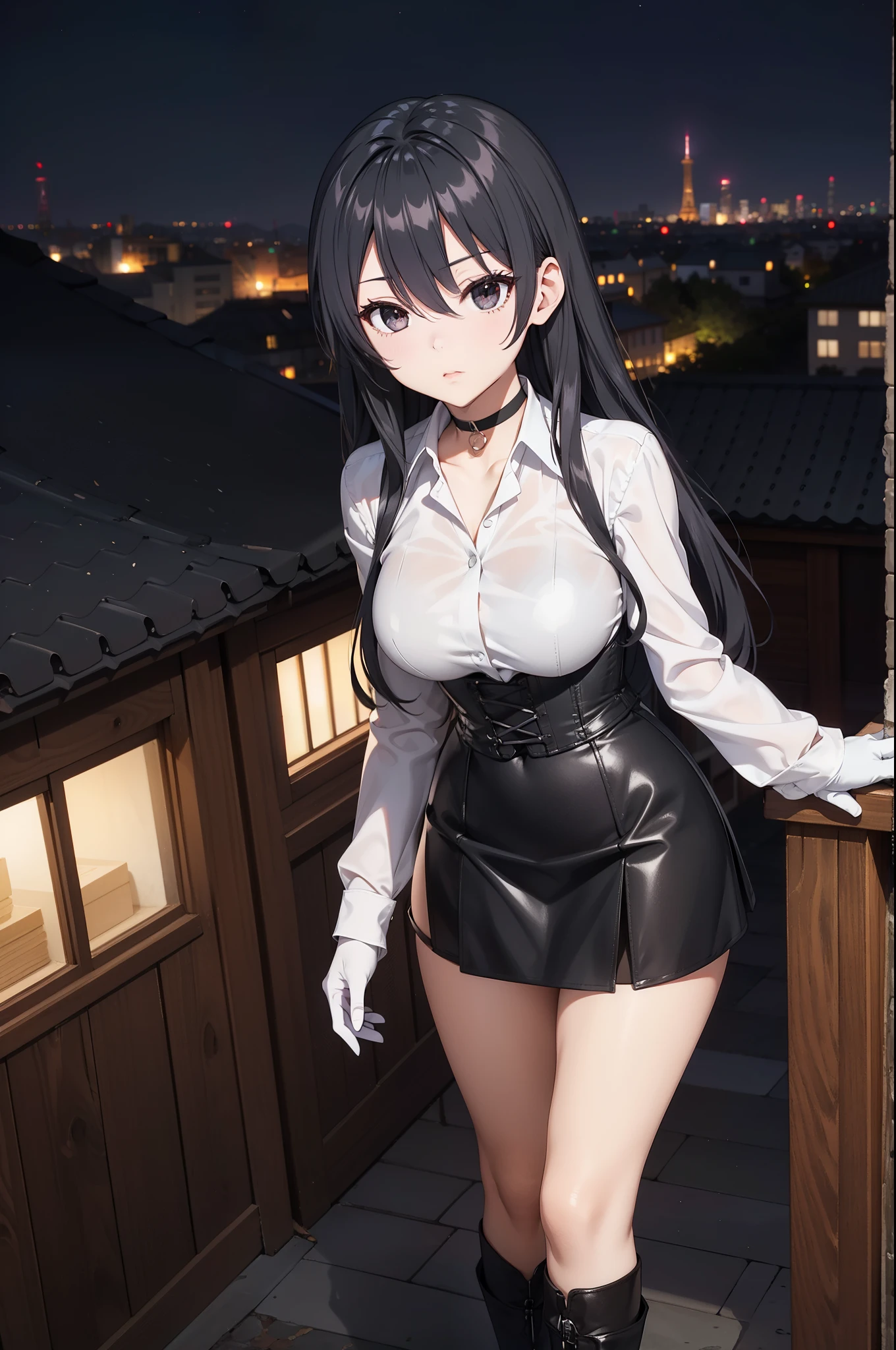 Masterpiece, anime style, A young girl, of foot, (view from above), (( arms crossed )), pretty face, surprised look, ((redness on the cheeks)), long black hair, detailed eyes, black eyes, choker : 1.6, (( long sleeve white shirt )), ( black gloves ), (black leather corset), ((black miniskirt)), brown stockings, black leather boots ), self-critical , roof, (( at night))