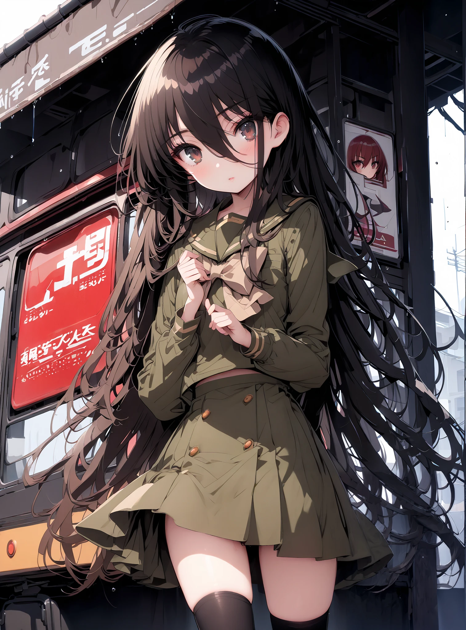 Shana, long hair,brown eyes, Alone, black hair, stupid hair, school uniform,  serafuku, green  serafuku,  bow tie, green  bow tie,  green shirt, green sailor collar,  Long Sleeve,  green skirt, button, Long Sleeve, black thigh high socks,loafers,rain, cloudy sky,rain宿り,standing,whole bodyがイラストに入るように,                                               break outdoors,A bus stop with a roof,
break looking at viewer,whole body,
break (masterpiece:1.2),TOP QUALITY , kampala, Unity 8K Wallpaper ,(shape:0.8),(  fine, beautiful eyes  :1.6),It's a person ,whole body写真,CG Details , ( perfect hands,Complete Anatomy),