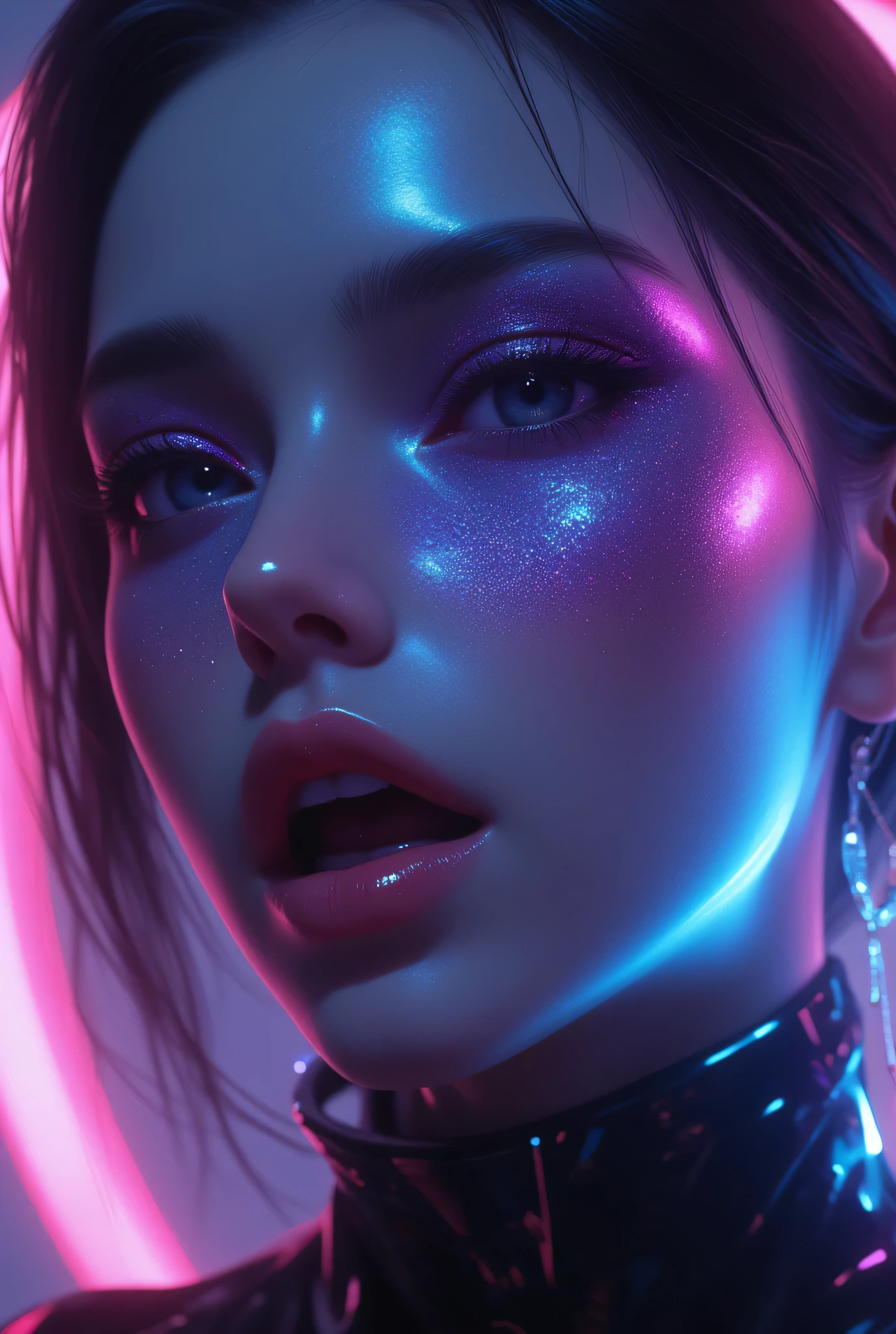 80’s glam rock makeup on shiny android face, anime, 2.5D, Glittery face, moody lighting, (purples, pinks, and blues), iridescent face, abstract ai model, pretty, sexy, minimal, sleek, slender, asian, elegant, chic, futuristic, retro, sophisticated half human half machine, close up face portrait, mouth open half, ((((ahegao)))),, half-closed eyes,
