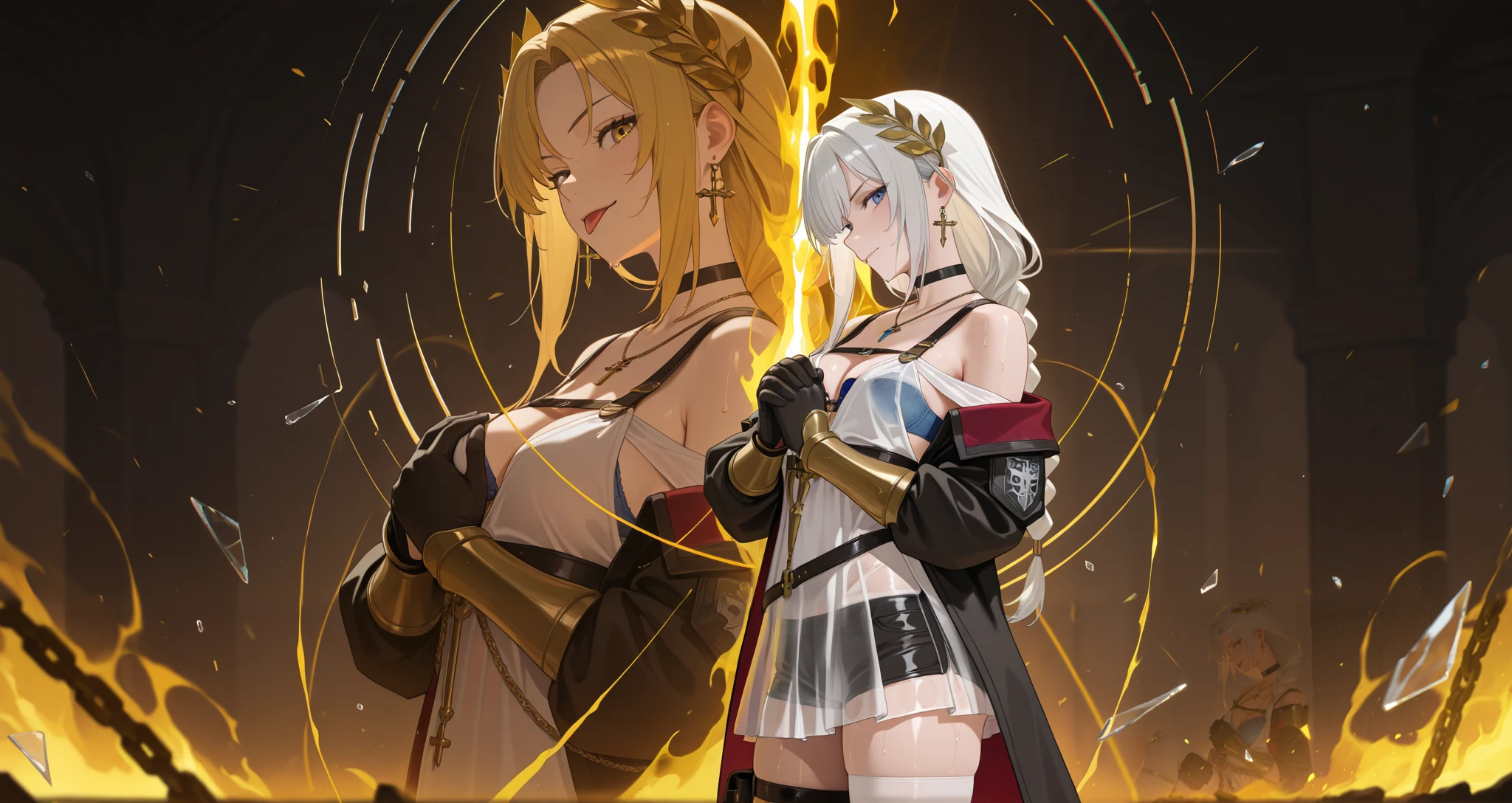 realistic lighting, masterpiece, highres, absurdres, depth of field, best quality, amazing quality, very aesthetic, high resolution, newest, hyper-detailed, solo, 1girl, mature woman, upper body shot, detailed skin, extremely detailed eyes, Kallen, white hair, long hair, braided ponytail, blue eyes, Kal_Def, hair ornament, cross earrings, off-shoulder jacket, red inner jacket, red strap, black jacket, long sleeves, black gloves, chest strap, shoulder straps, blue bra, see-through, white dress, pleated dress, short dress, strap dress, see-through skirt, black shorts, short shorts, white thighhighs, thigh pouch, necklace, black choker, cleavage, ((laurel crown, golden hair:1.25), golden eyes:1.17), scowl, (corrupted energy, foggy aura:1.1), glitch, small breasts, armor, head tilt, greek armor, golden aura, golden fire, ancient greek clothes, armored, vambraces, sadistic smile, kubrick stare, head tilt, from the side, side profile, looking to the side, hand on her breast, open mouth, sticking tongue out, lip bite, glass shards, reflection, broken glass, looking at viewer, wet, praying, golden chains tying her up, golden chain around her ankles