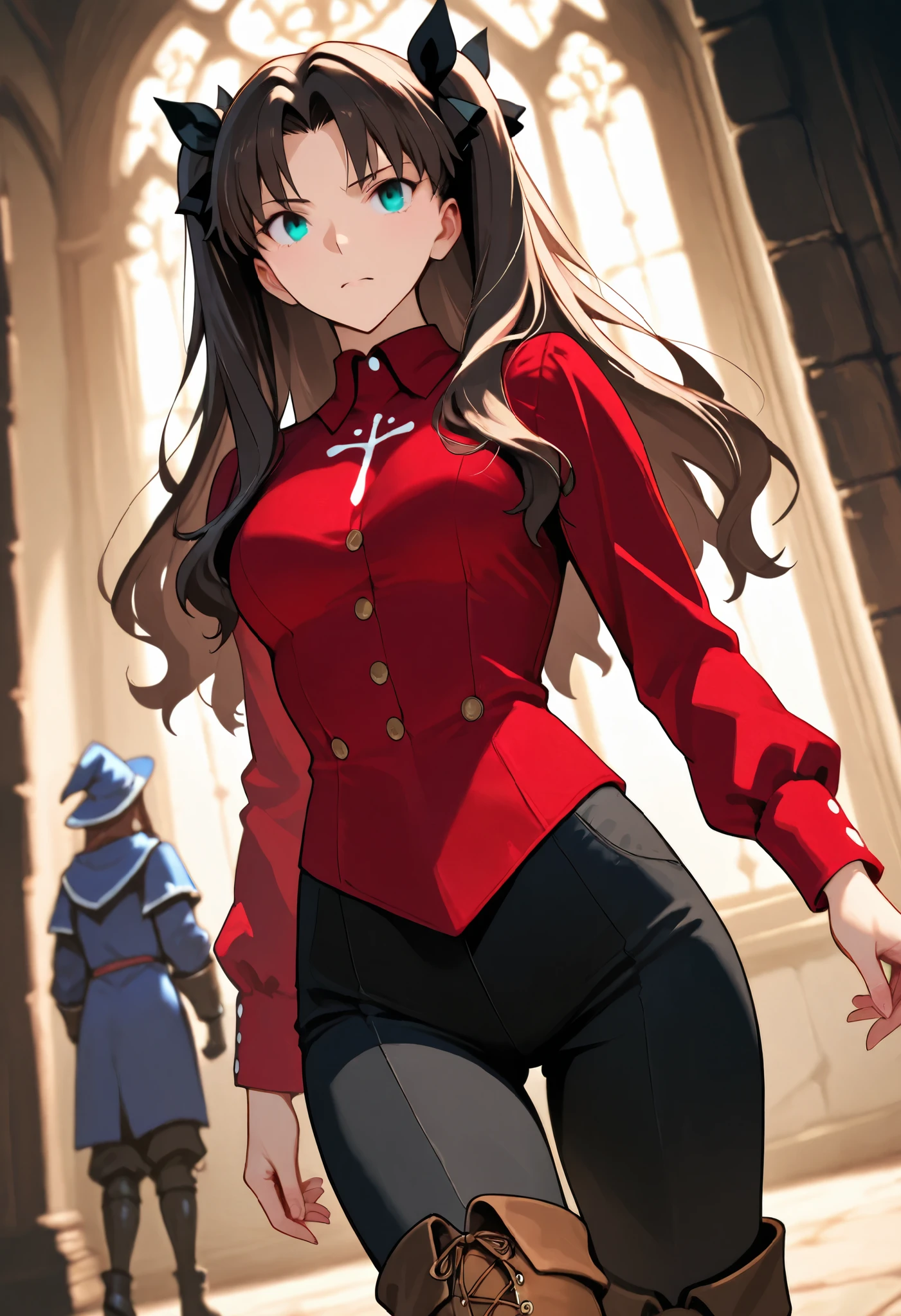 Tohsaka Rin, in a castle, medieval magician, medieval advanturer, red shirt, black pants, black thigh pants, beown boots, brown thigh boots, fantasy advanturer outfit, elegant, dominant, dutch angle, cowboy shot, perfect eyes, perfect body