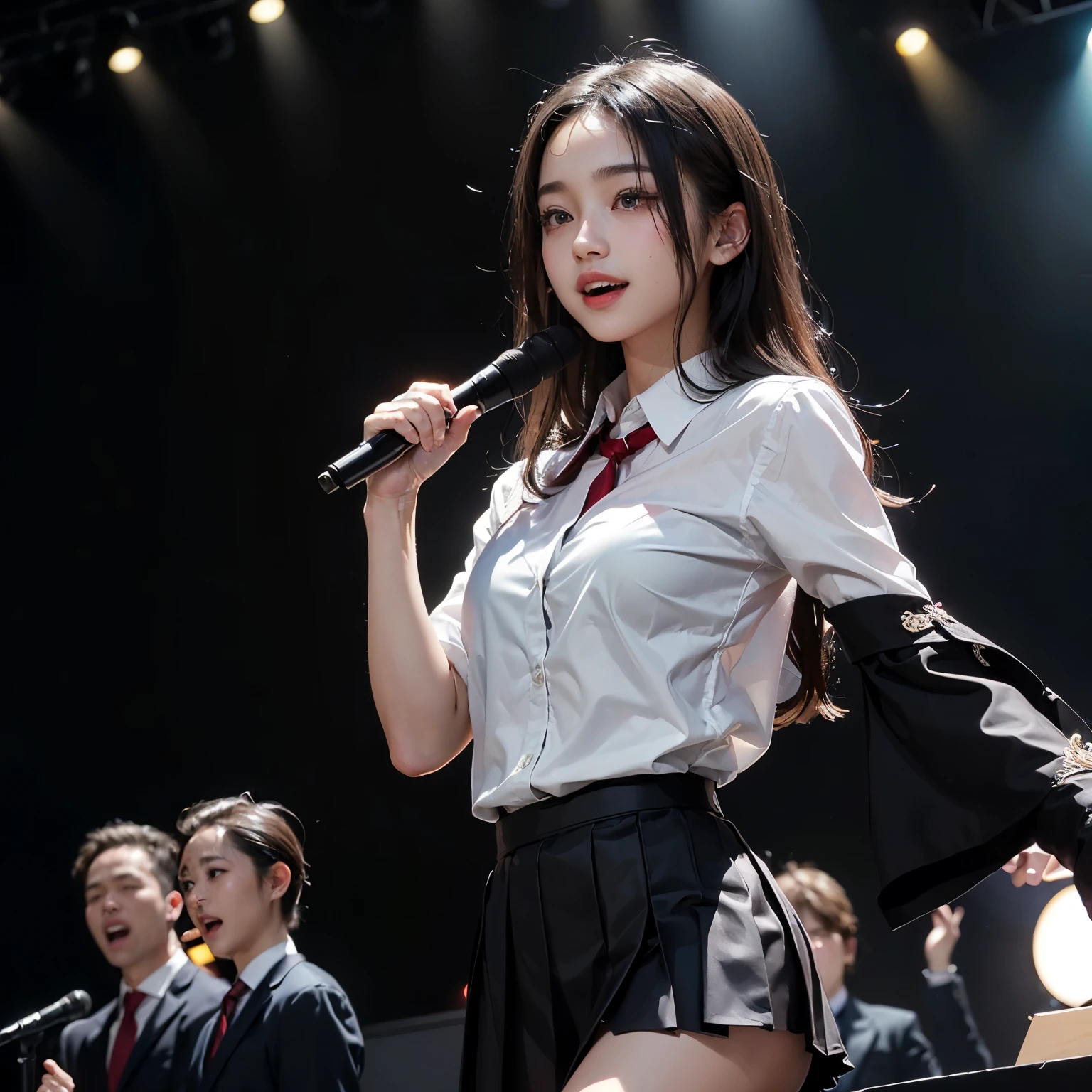 (masterpiece, highest quality:1.4), award-winning portraits, 8K, 85mm, alone, beautiful face, delicate girl, , (dark navy blazer jacket), dark navy skirt, long sleeve, violaces, gardenia, grace, Sophisticated, cute, , looking at the viewer, 15 yw photo, disorganized, HDR, sharp focus, A bow tie, background bokeh、(((flat 、thin and delicate body、A childish atmosphere)))、Her shiny semi-long hair is tied up、hair swaying in the wind、Mole on the left cheek、large, round, dark blue eyes、full body、random pose、Run、sprinting、Skirt fluttering in the wind、Junior idol、Nogizaka Idol、widening skirt、jump、mole under eye、sexy、