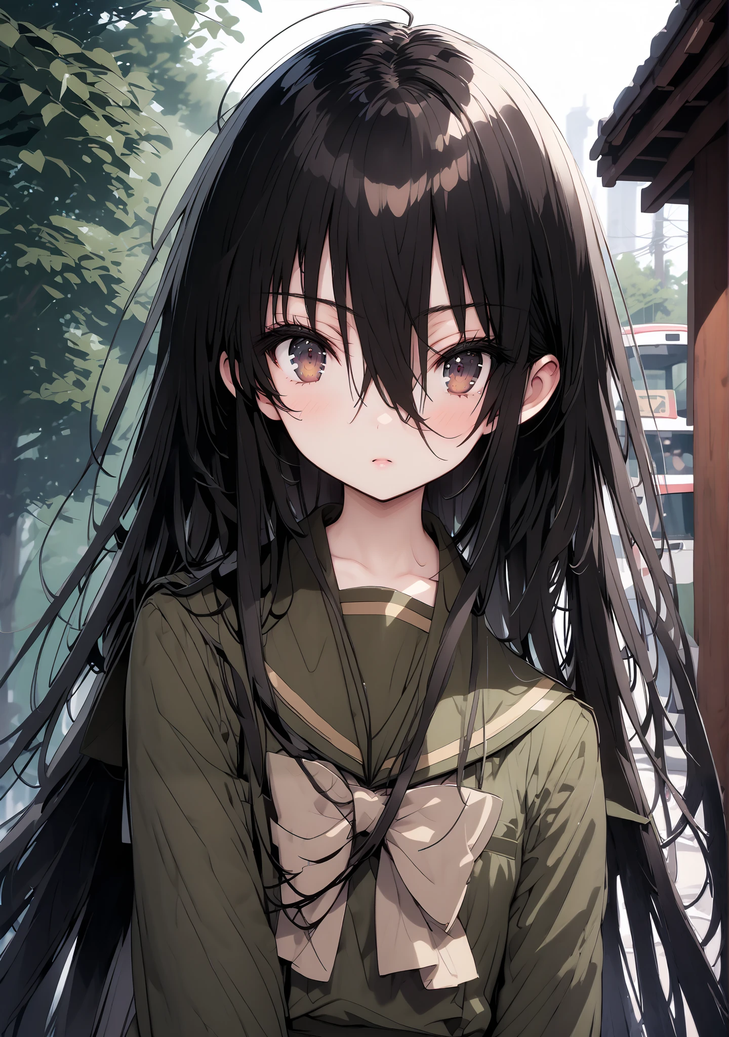 Shana, long hair,brown eyes, Alone, black hair, stupid hair, school uniform, serafuku, green serafuku, bow tie, green bow tie, green shirt, green sailor collar, Long Sleeve, green skirt, button, Long Sleeve, black thigh high socks,loafers,rain, cloudy sky,rain宿り,standing,whole bodyがイラストに入るように, break outdoors,A bus stop with a roof,
break looking at viewer,whole body,
break (masterpiece:1.2),TOP QUALITY , kampala, Unity 8K Wallpaper ,(shape:0.8),( fine, beautiful eyes :1.6),It's a person ,whole body写真,CG Details , ( perfect hands,Complete Anatomy),