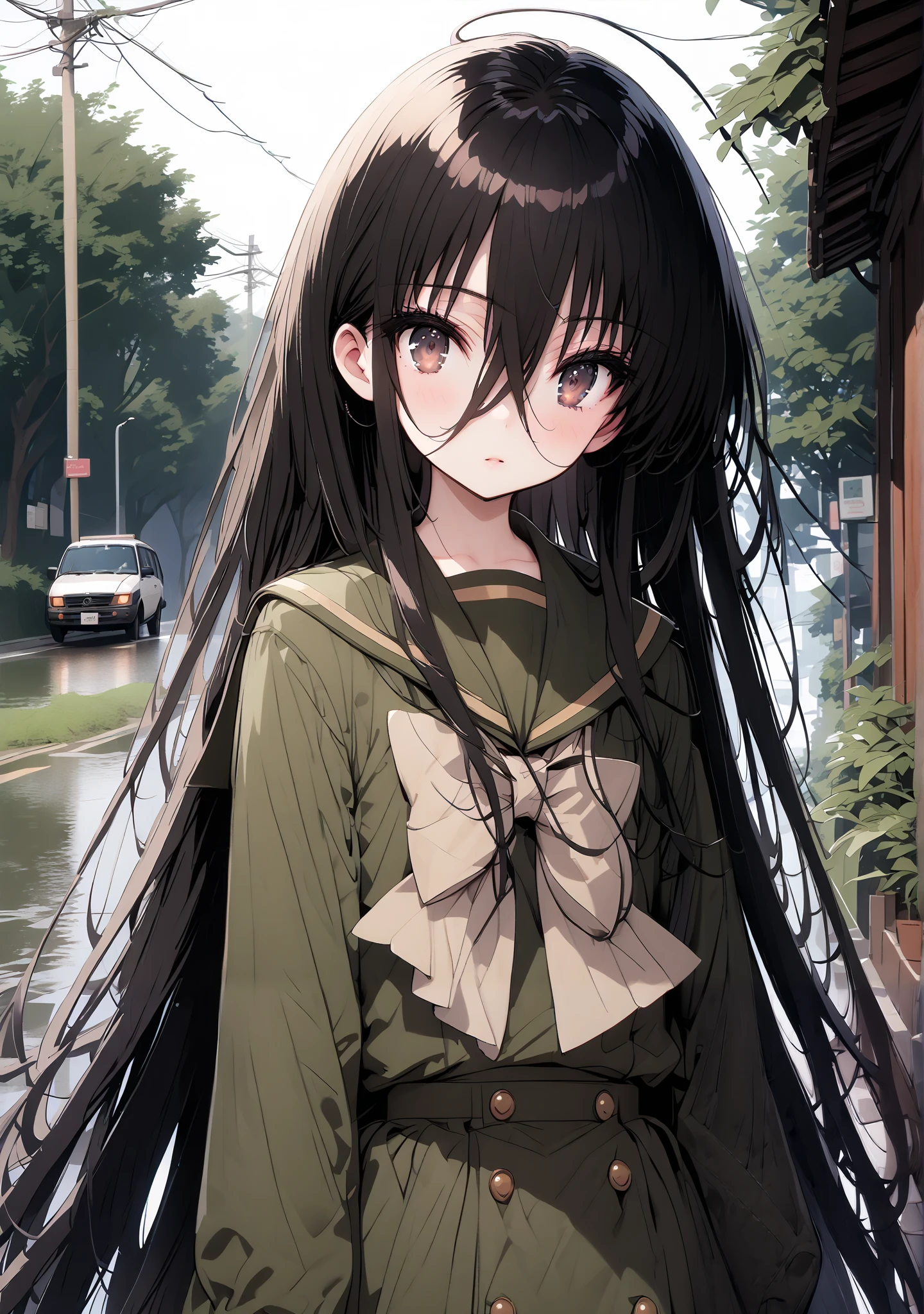 Shana, long hair,brown eyes, Alone, black hair, stupid hair, school uniform, serafuku, green serafuku, bow tie, green bow tie, green shirt, green sailor collar, Long Sleeve, green skirt, button, Long Sleeve, black thigh high socks,loafers,rain, cloudy sky,rain宿り,standing,whole bodyがイラストに入るように, break outdoors,A bus stop with a roof,
break looking at viewer,whole body,
break (masterpiece:1.2),TOP QUALITY , kampala, Unity 8K Wallpaper ,(shape:0.8),( fine, beautiful eyes :1.6),It's a person ,whole body写真,CG Details , ( perfect hands,Complete Anatomy),
