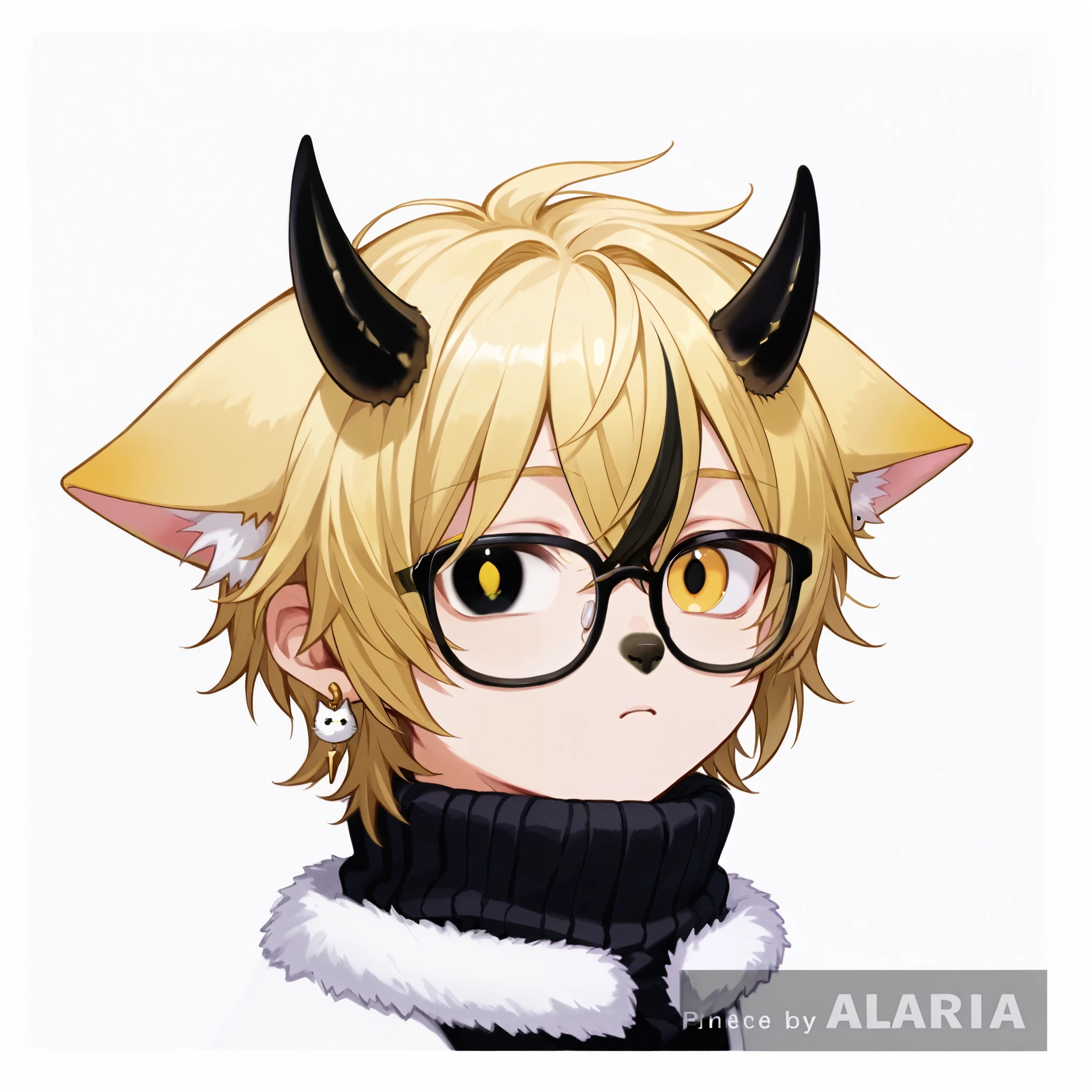  boy, 18 years old, blonde, small black horns, glasses, 2-color eyes, white dove, Cat ears for short blonde, white earring 