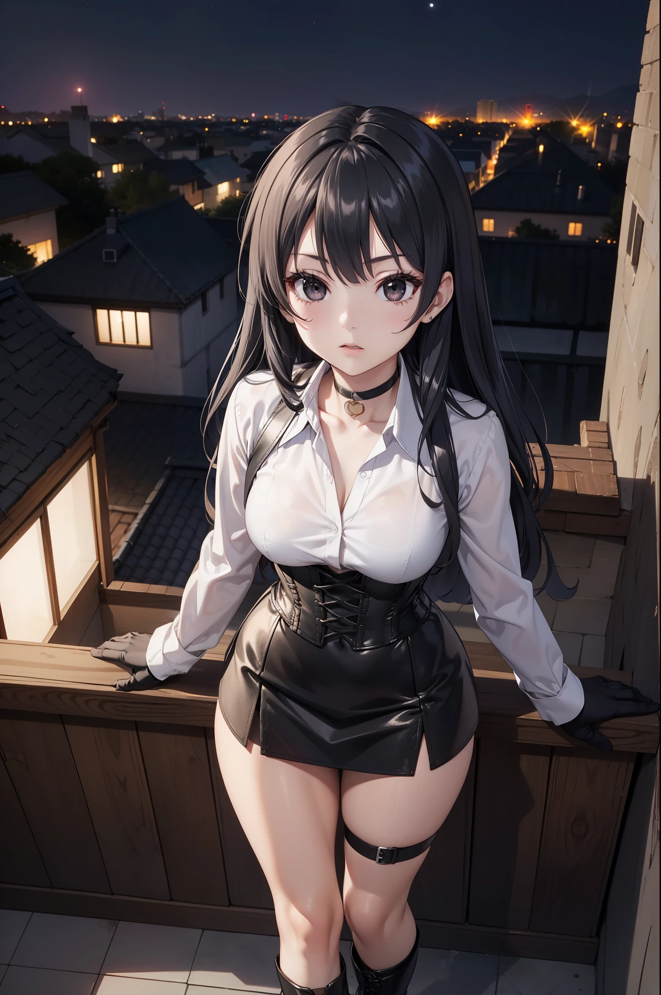 Masterpiece, anime style, A young girl,  of foot, (view from above), (( arms crossed )), pretty face,  surprised look, ((redness on the cheeks)), long black hair, detailed eyes,  black eyes,  choker : 1.6, (( long sleeve white shirt )), ( black gloves ), (black leather corset), ((black miniskirt)),  brown stockings,  black leather boots ), self-critical , roof, (( at night))