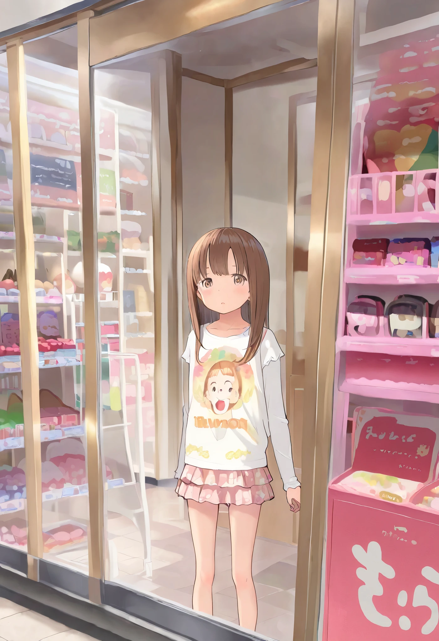 cute girl, 1girl, solo, brown hair, long hair, brown eyes, printed shirt, long sleeves, flared miniskirt, flat chest, standing in toy store, ultra detailed, highres, general, masterpiece, best quality, amazing quality, very aesthetic, absurdres, newest,